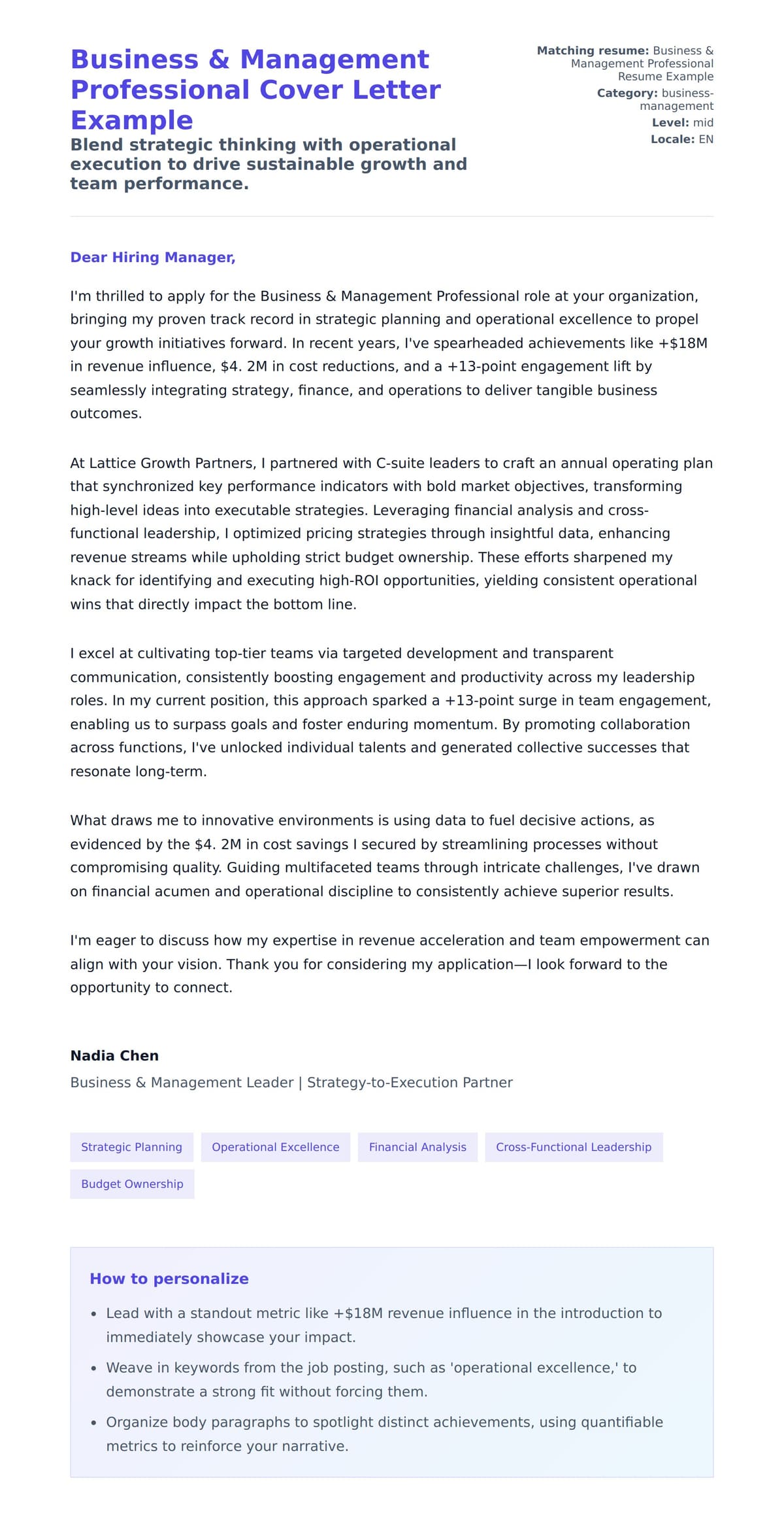 Cover Letter preview for Business & Management Professional Cover Letter Example