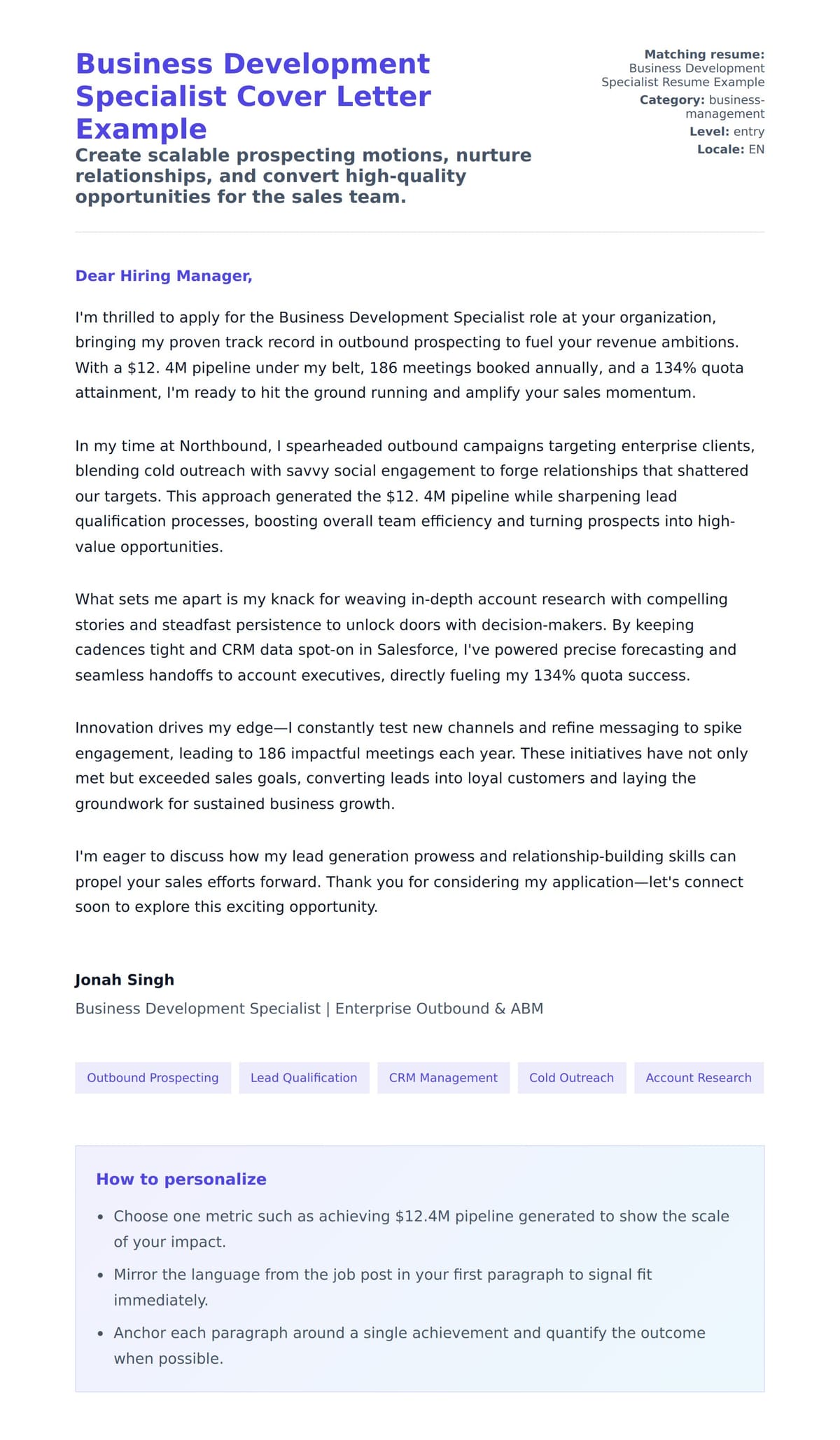 Cover Letter preview for Business Development Specialist Cover Letter Example