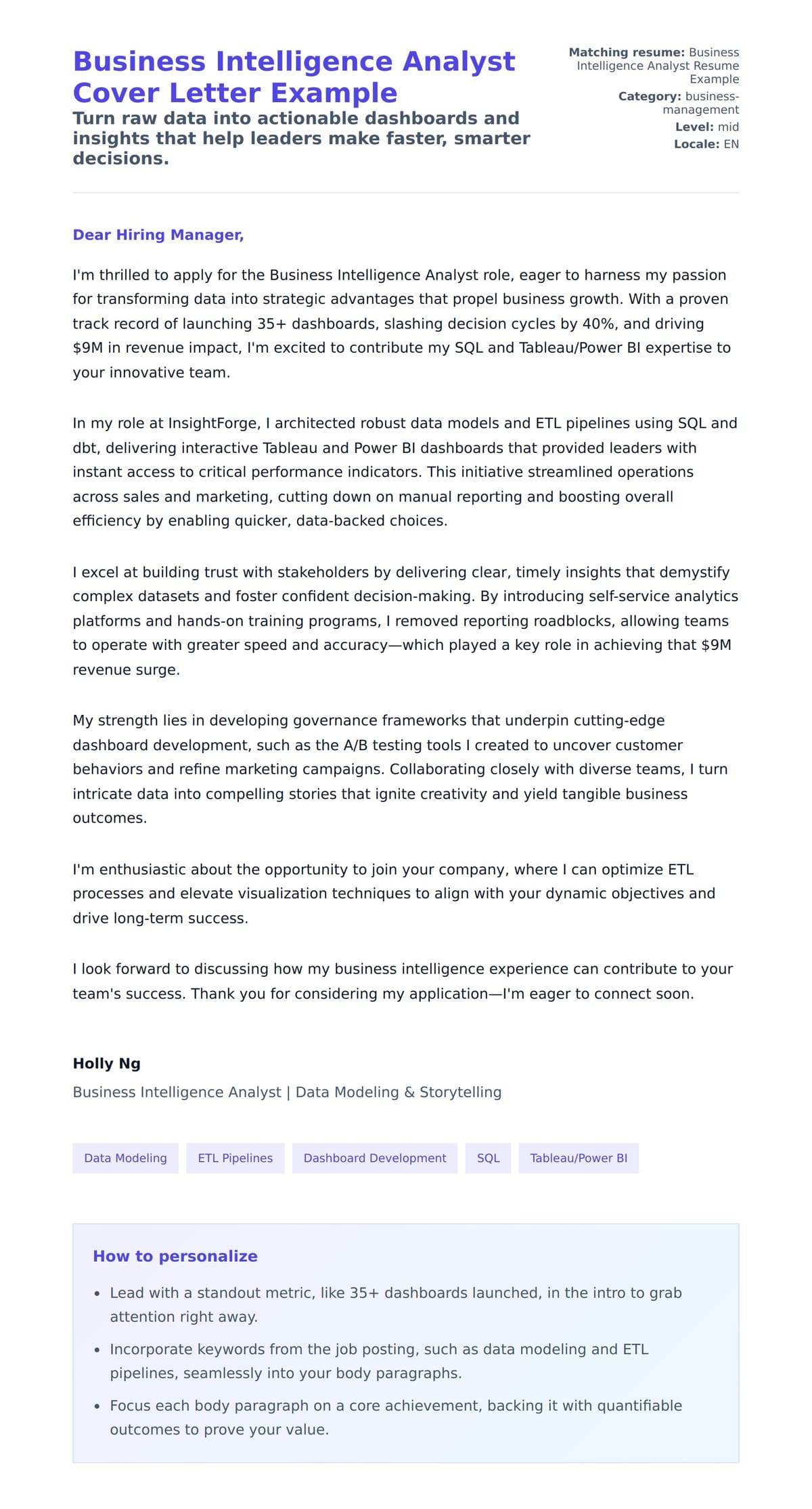 Cover Letter preview for Business Intelligence Analyst Cover Letter Example