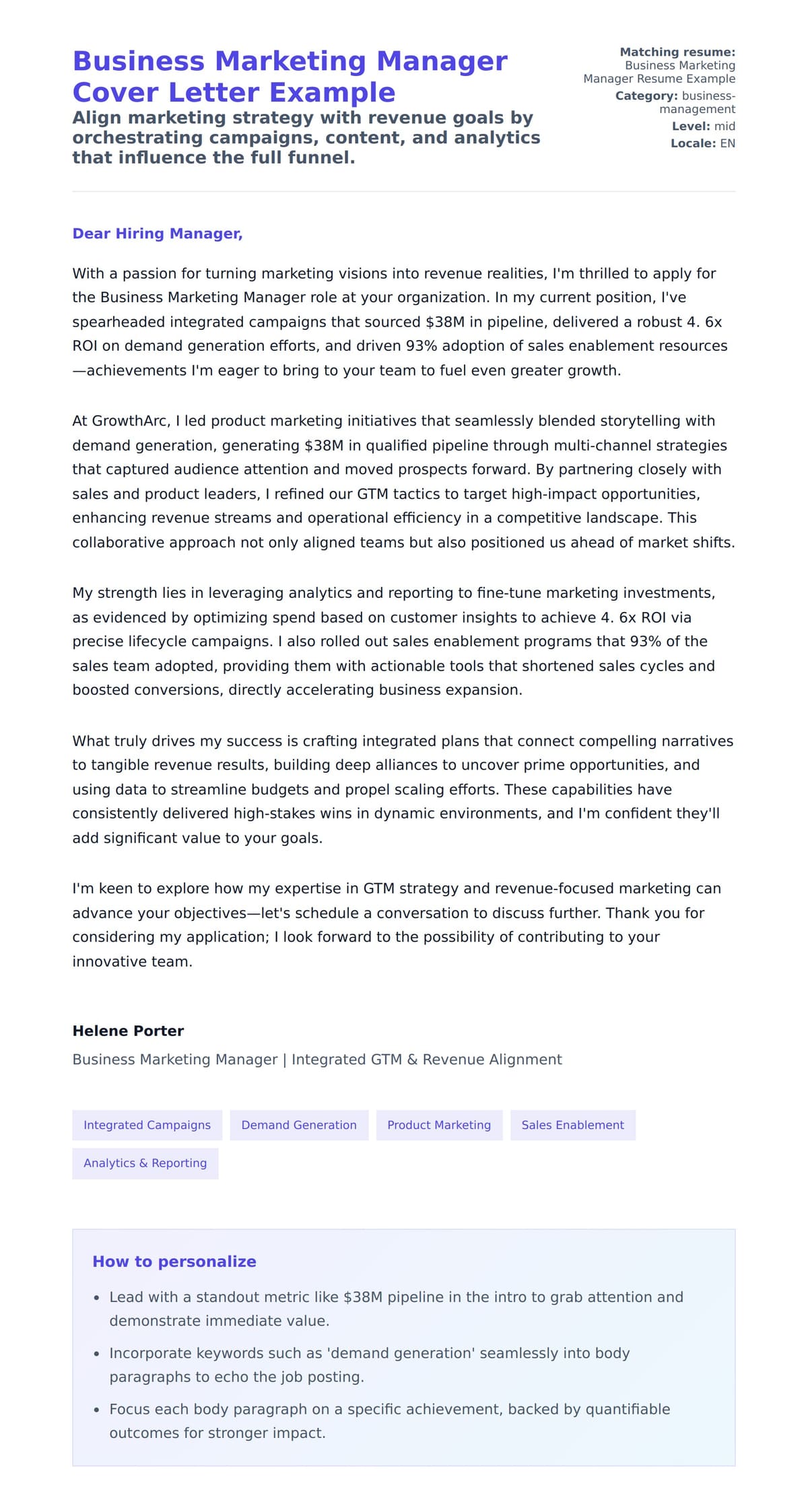 Cover Letter preview for Business Marketing Manager Cover Letter Example