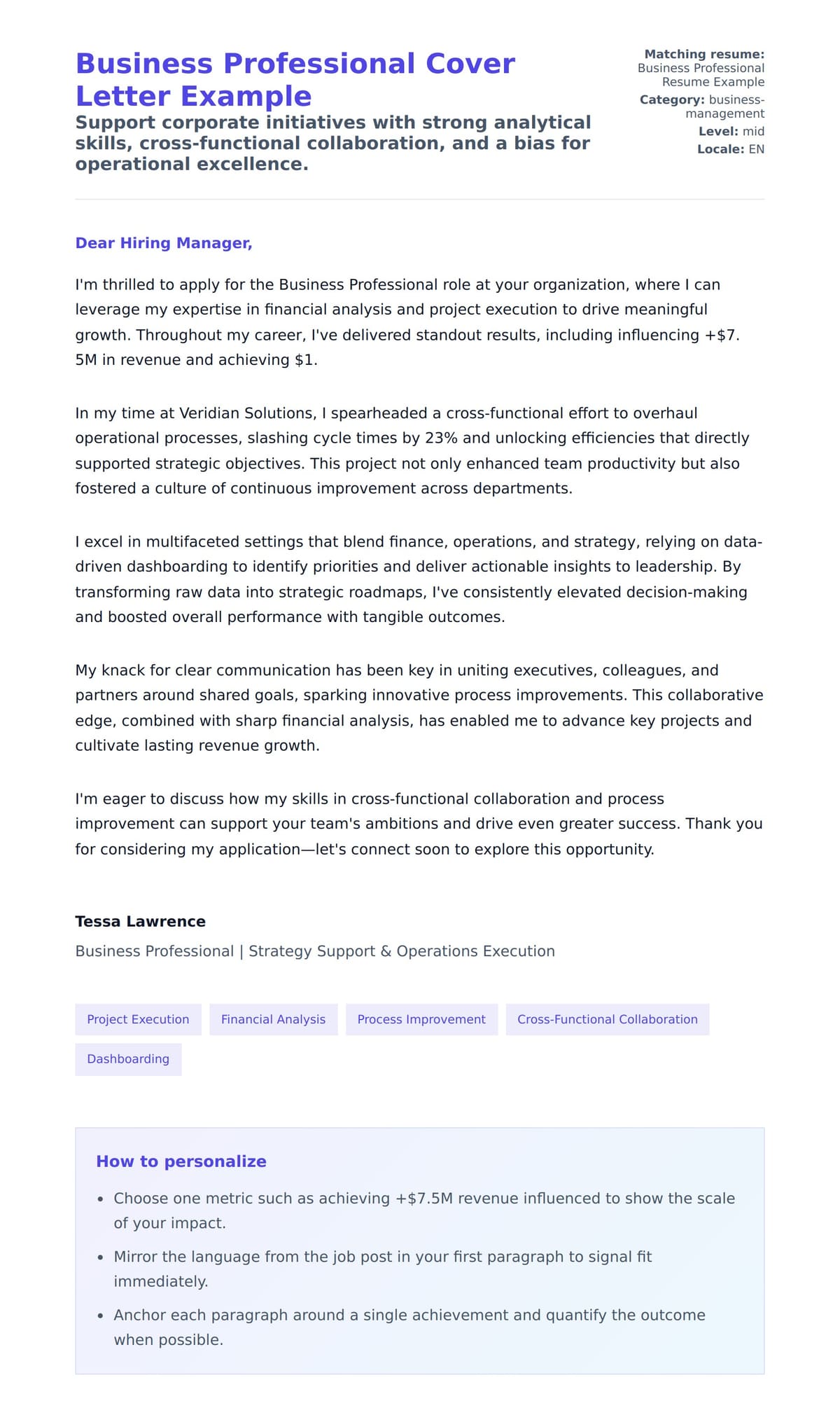 Cover Letter preview for Business Professional Cover Letter Example