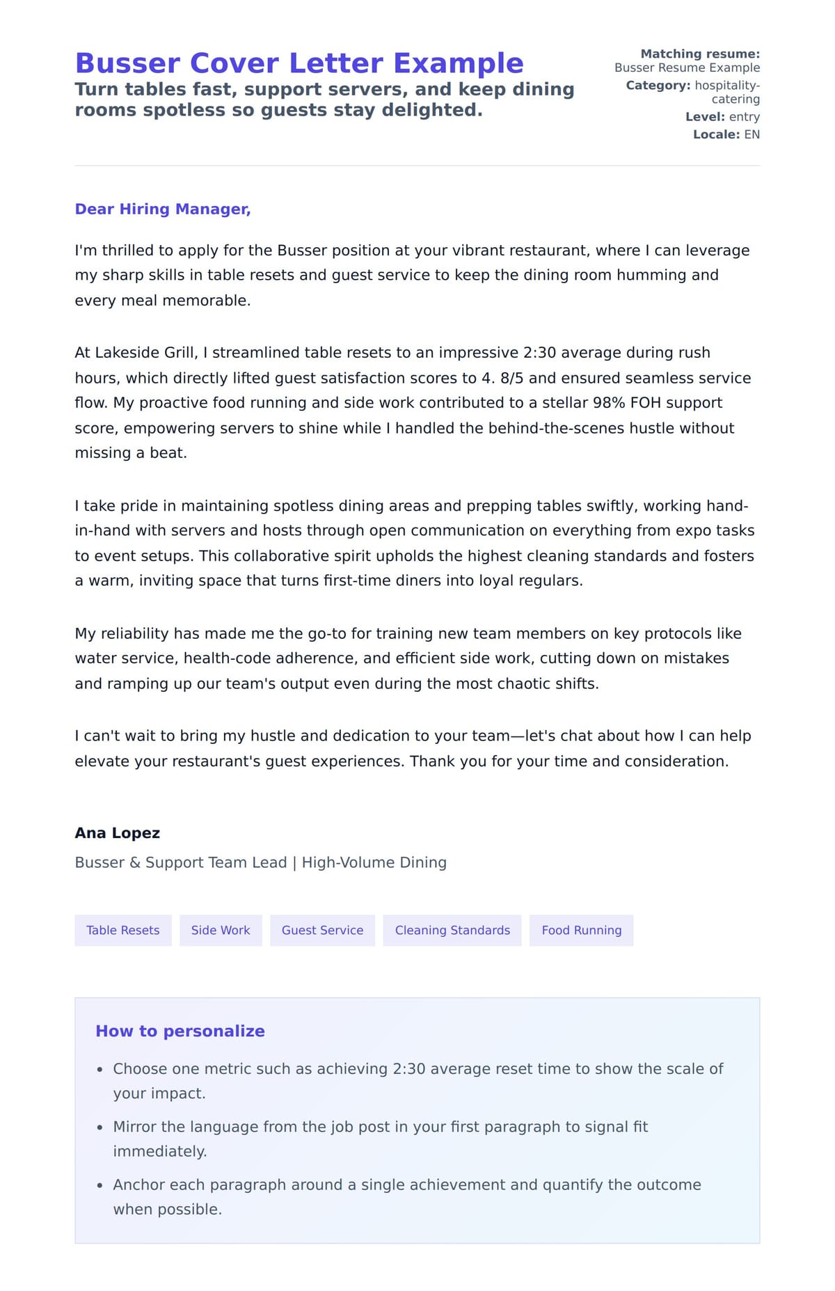 Cover Letter preview for Busser Cover Letter Example