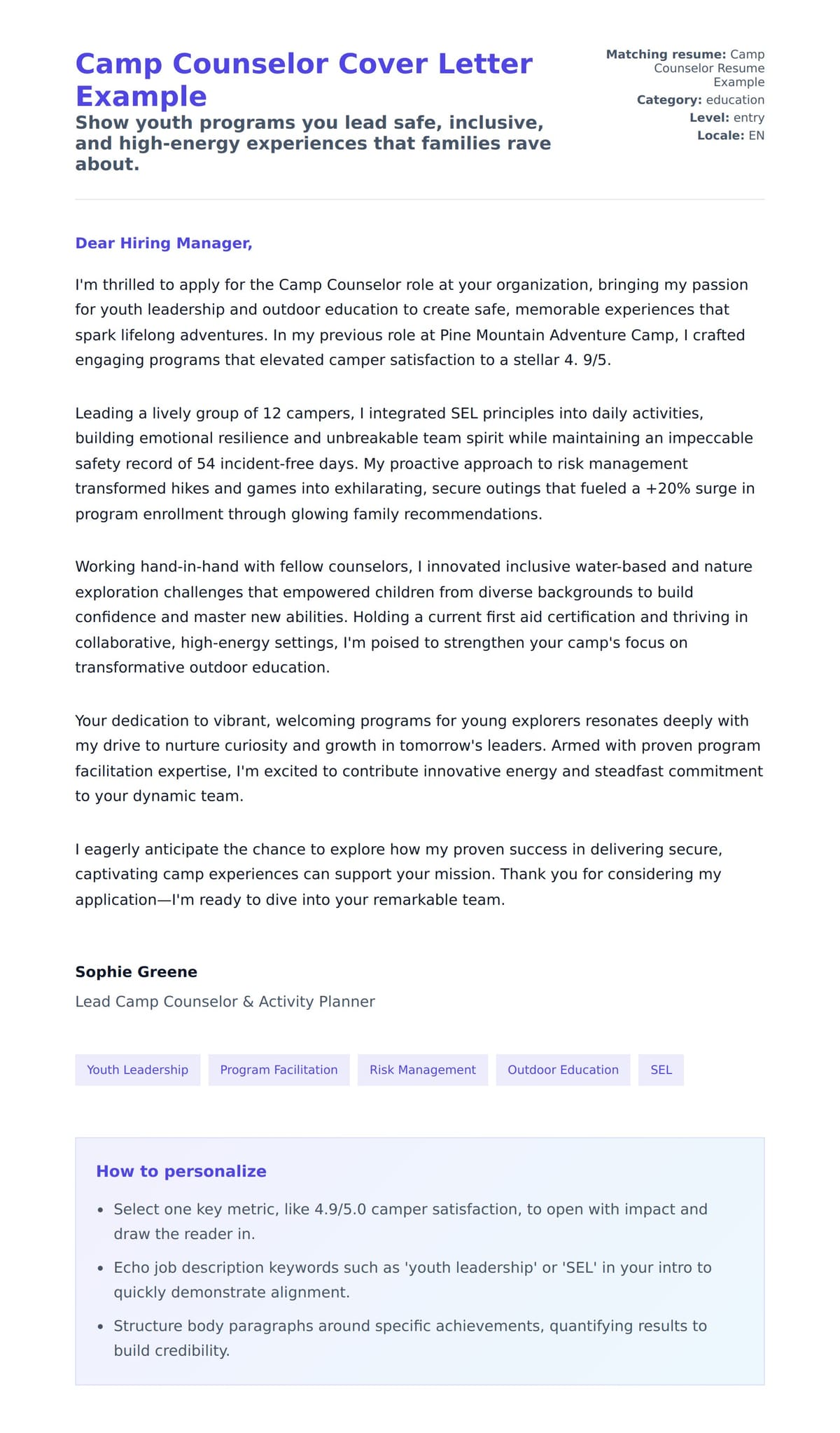 Cover Letter preview for Camp Counselor Cover Letter Example