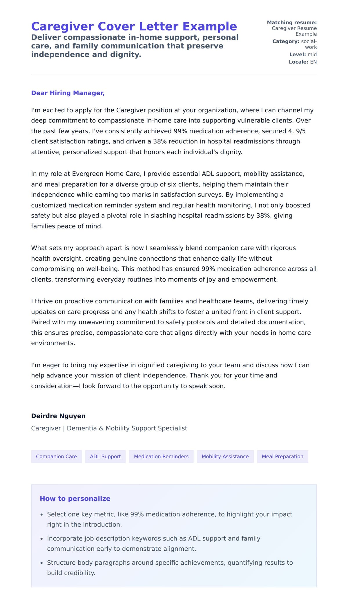 Cover Letter preview for Caregiver Cover Letter Example