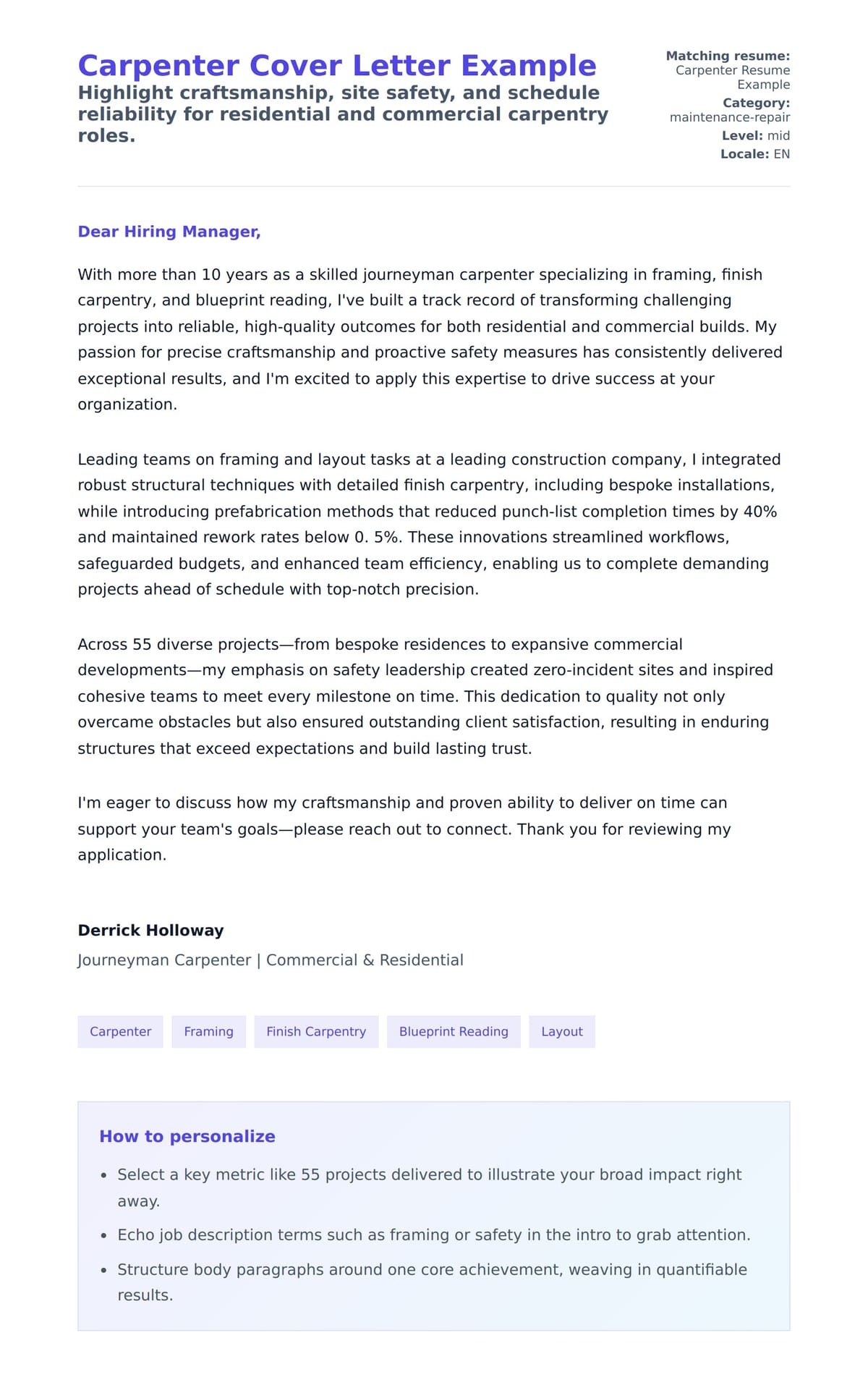 Cover Letter preview for Carpenter Cover Letter Example
