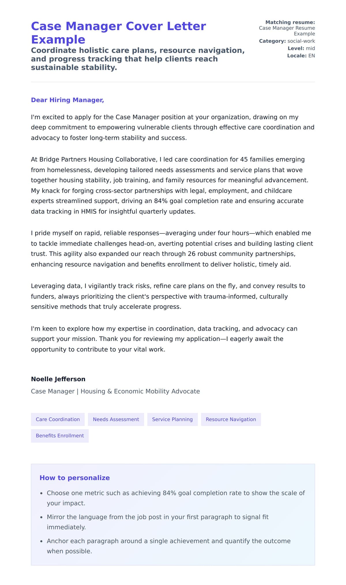 Cover Letter preview for Case Manager Cover Letter Example