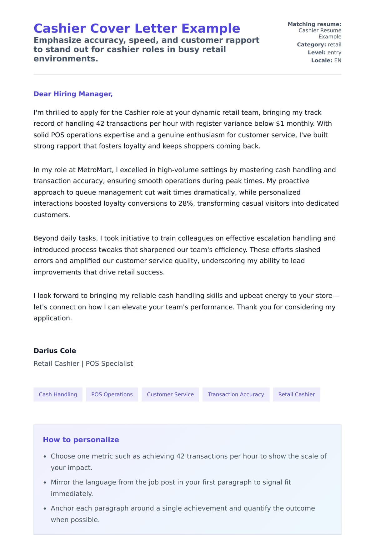 Cover Letter preview for Cashier Cover Letter Example