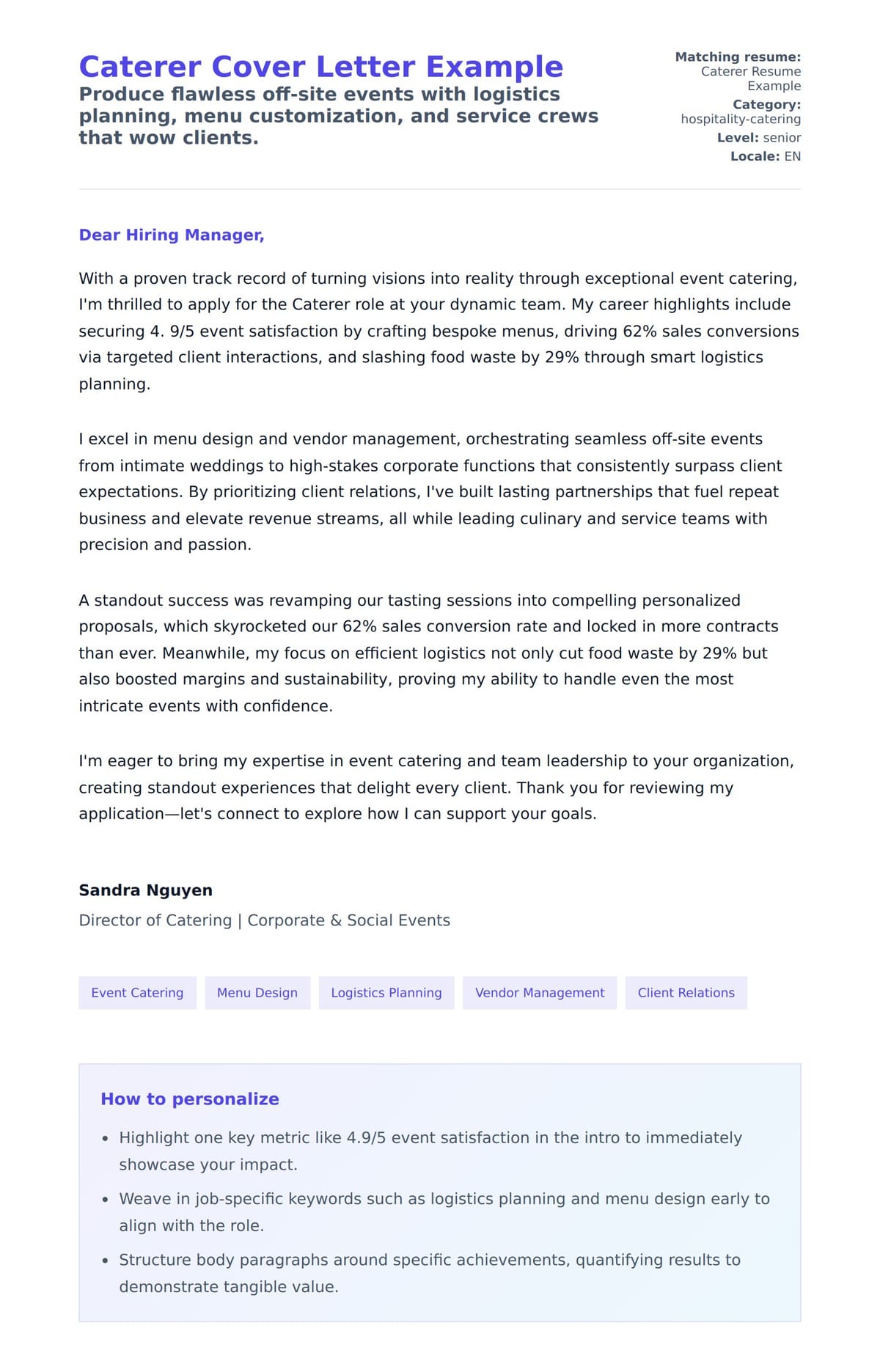 Cover Letter preview for Caterer Cover Letter Example