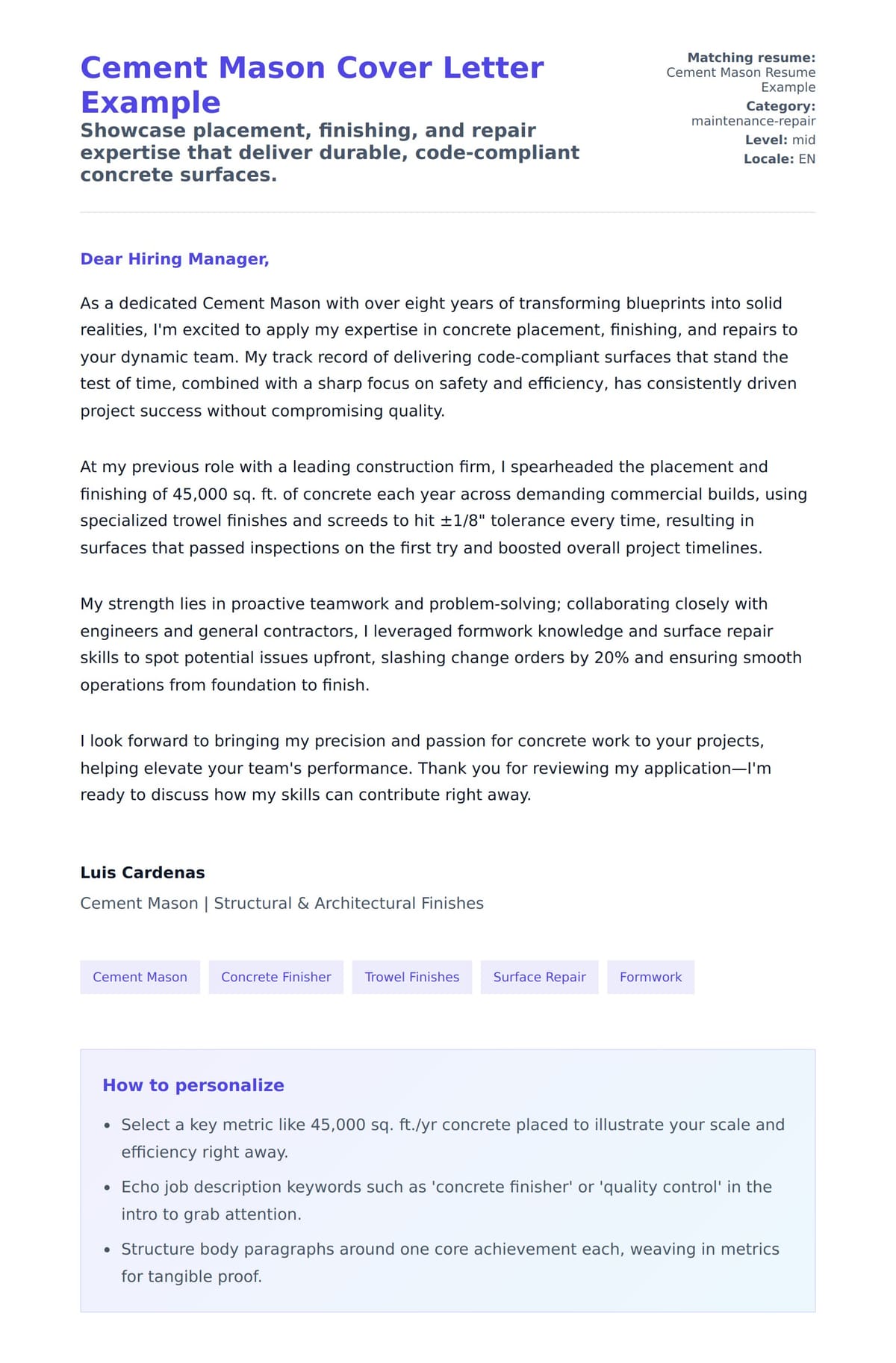 Cover Letter preview for Cement Mason Cover Letter Example