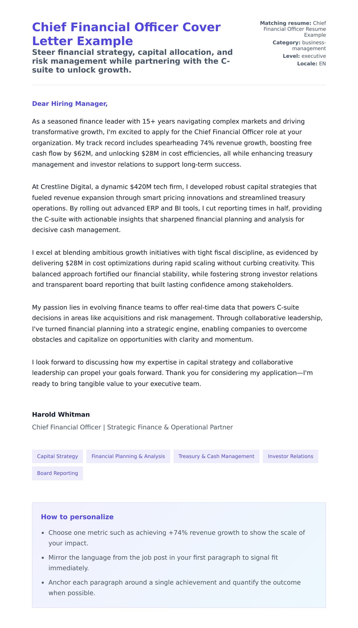 Cover Letter preview for Chief Financial Officer Cover Letter Example