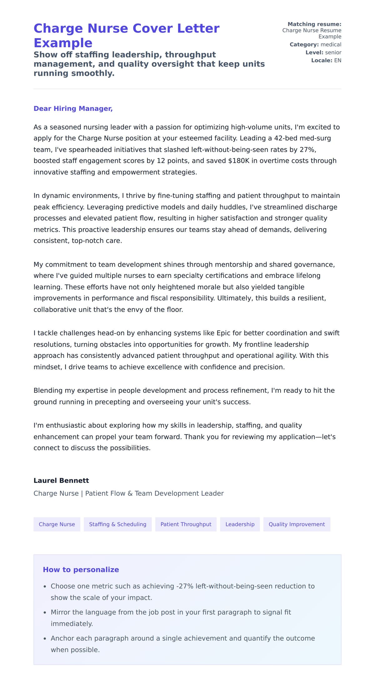 Cover Letter preview for Charge Nurse Cover Letter Example
