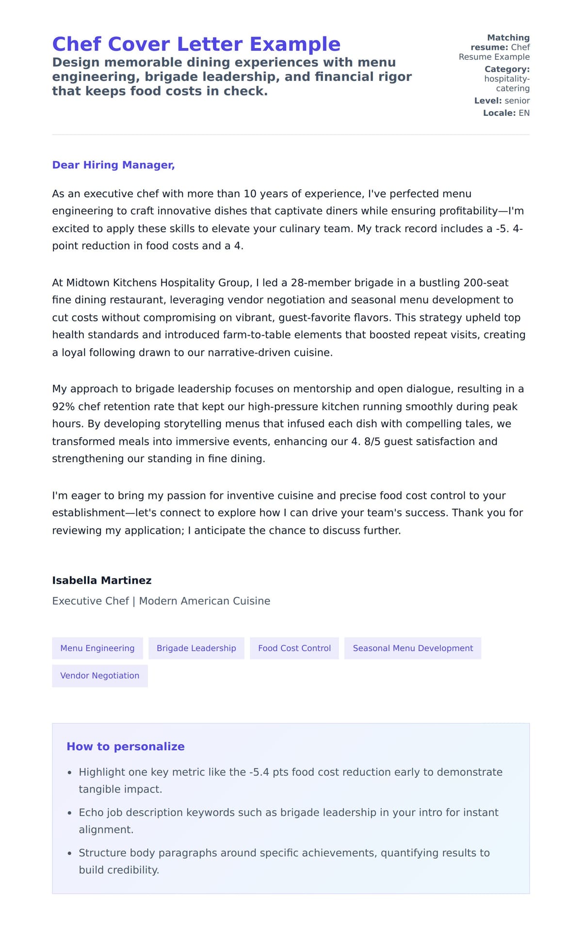 Cover Letter preview for Chef Cover Letter Example