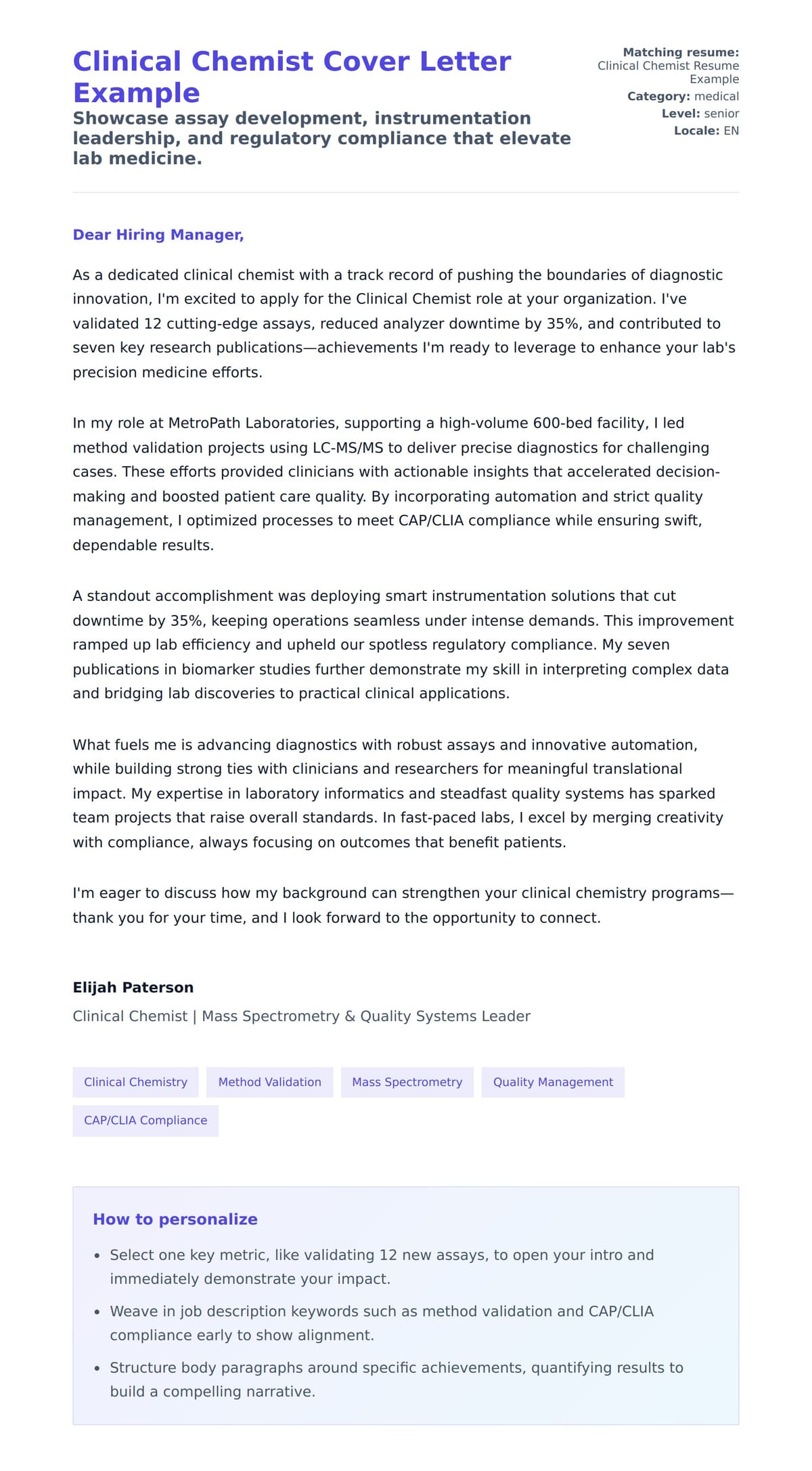 Cover Letter preview for Clinical Chemist Cover Letter Example