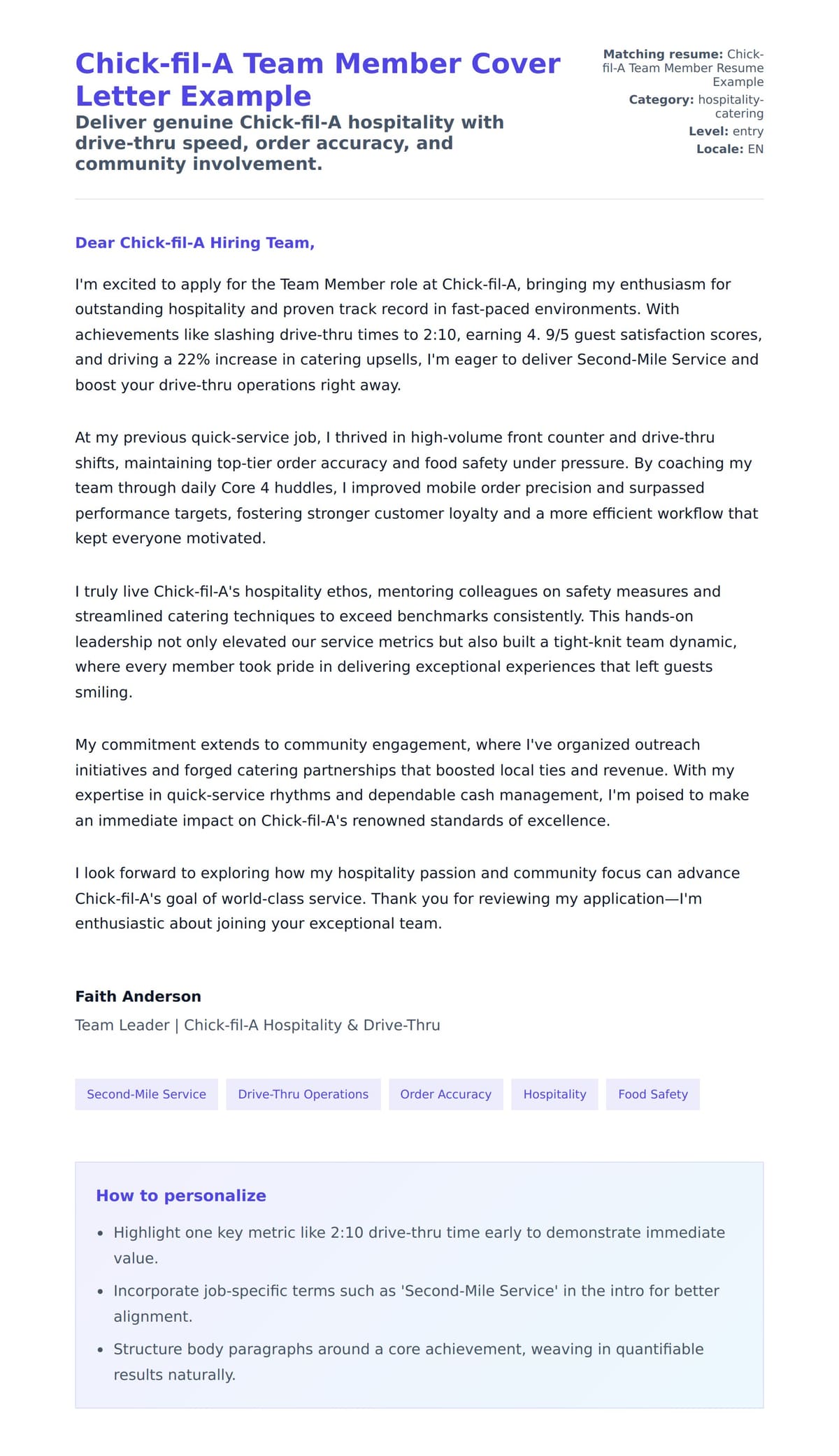 Cover Letter preview for Chick-fil-A Team Member Cover Letter Example