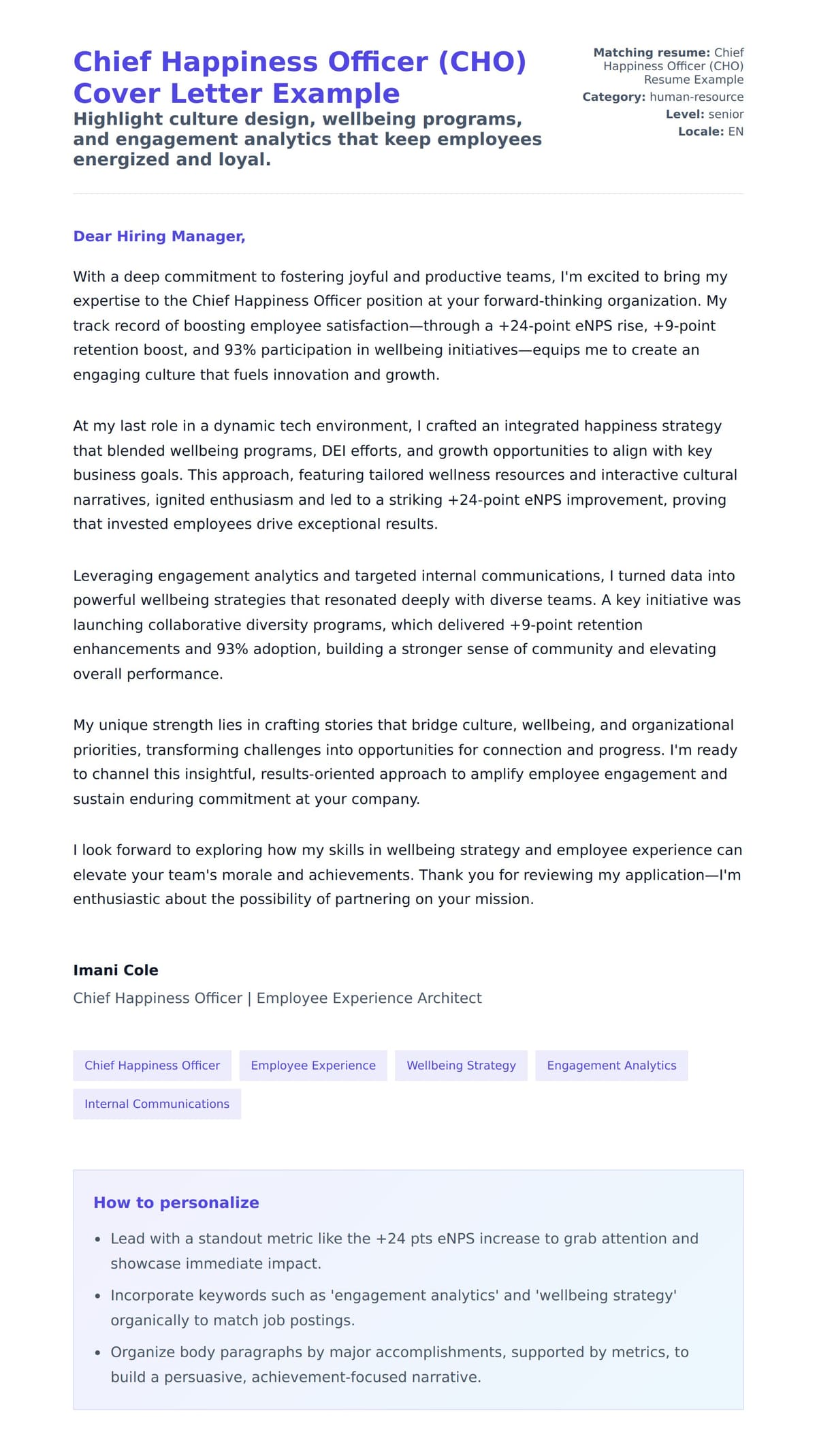Cover Letter preview for Chief Happiness Officer (CHO) Cover Letter Example