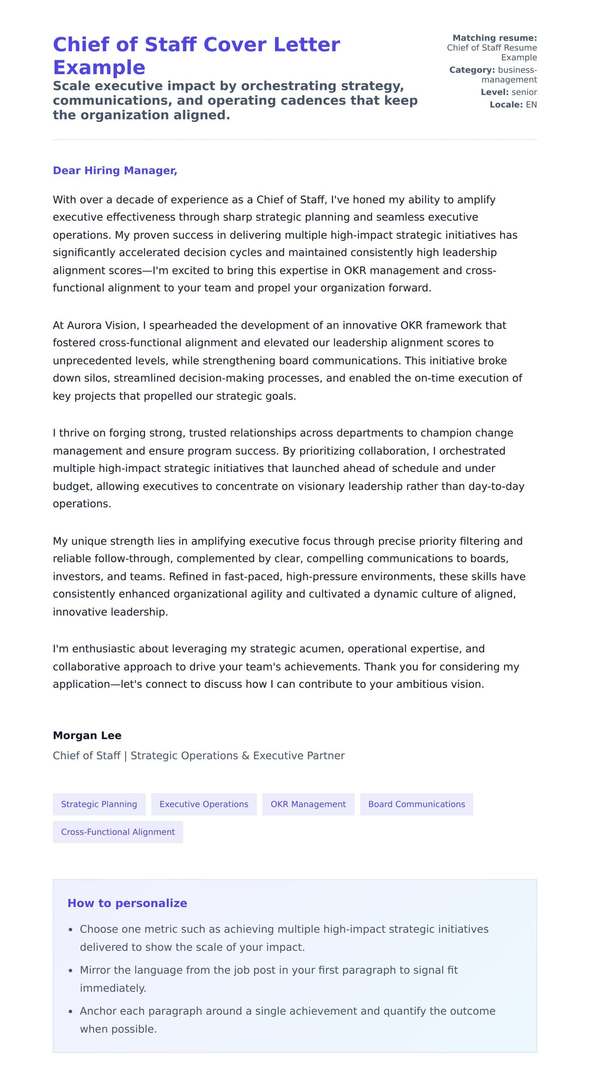 Cover Letter preview for Chief of Staff Cover Letter Example