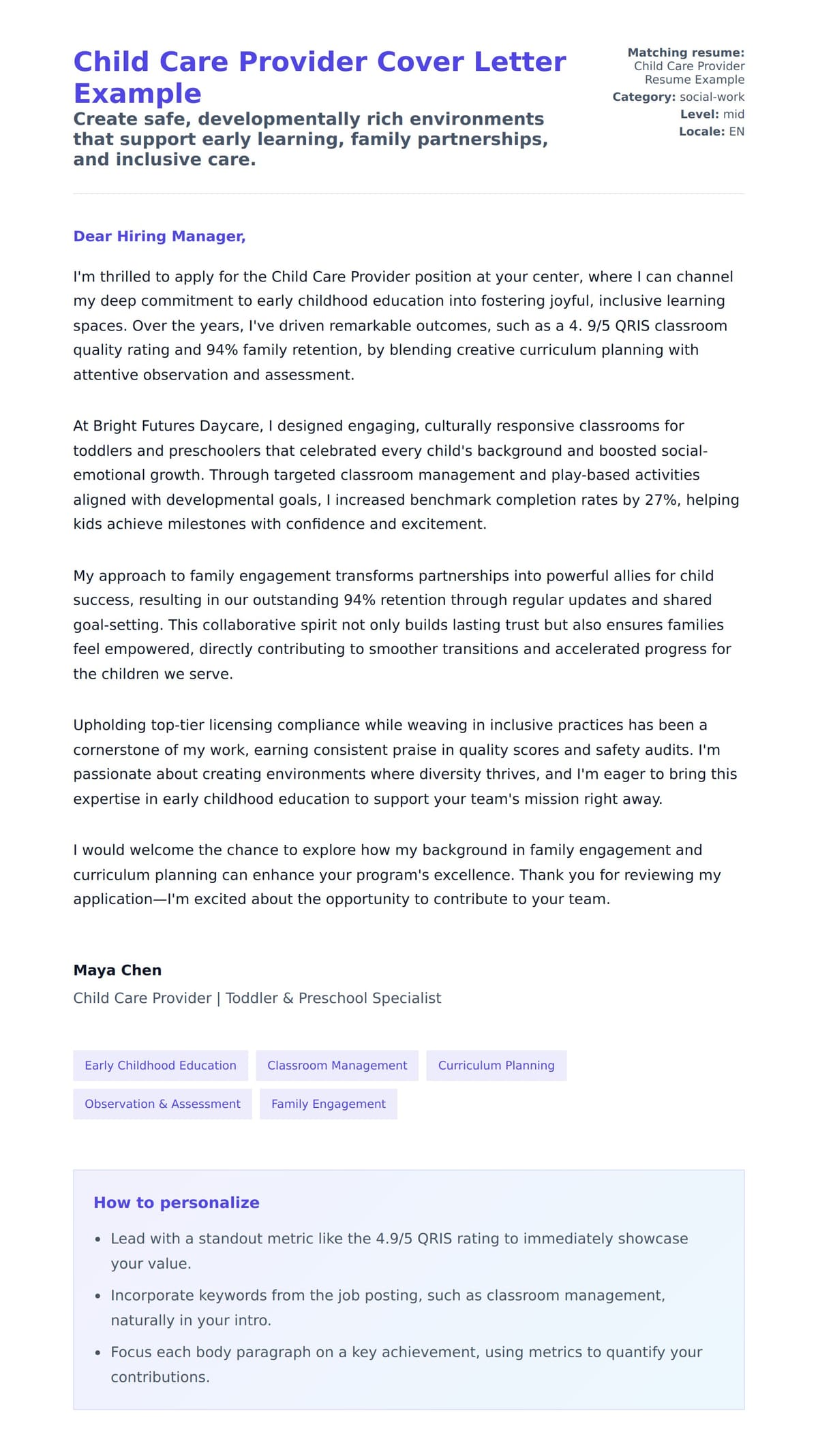 Cover Letter preview for Child Care Provider Cover Letter Example