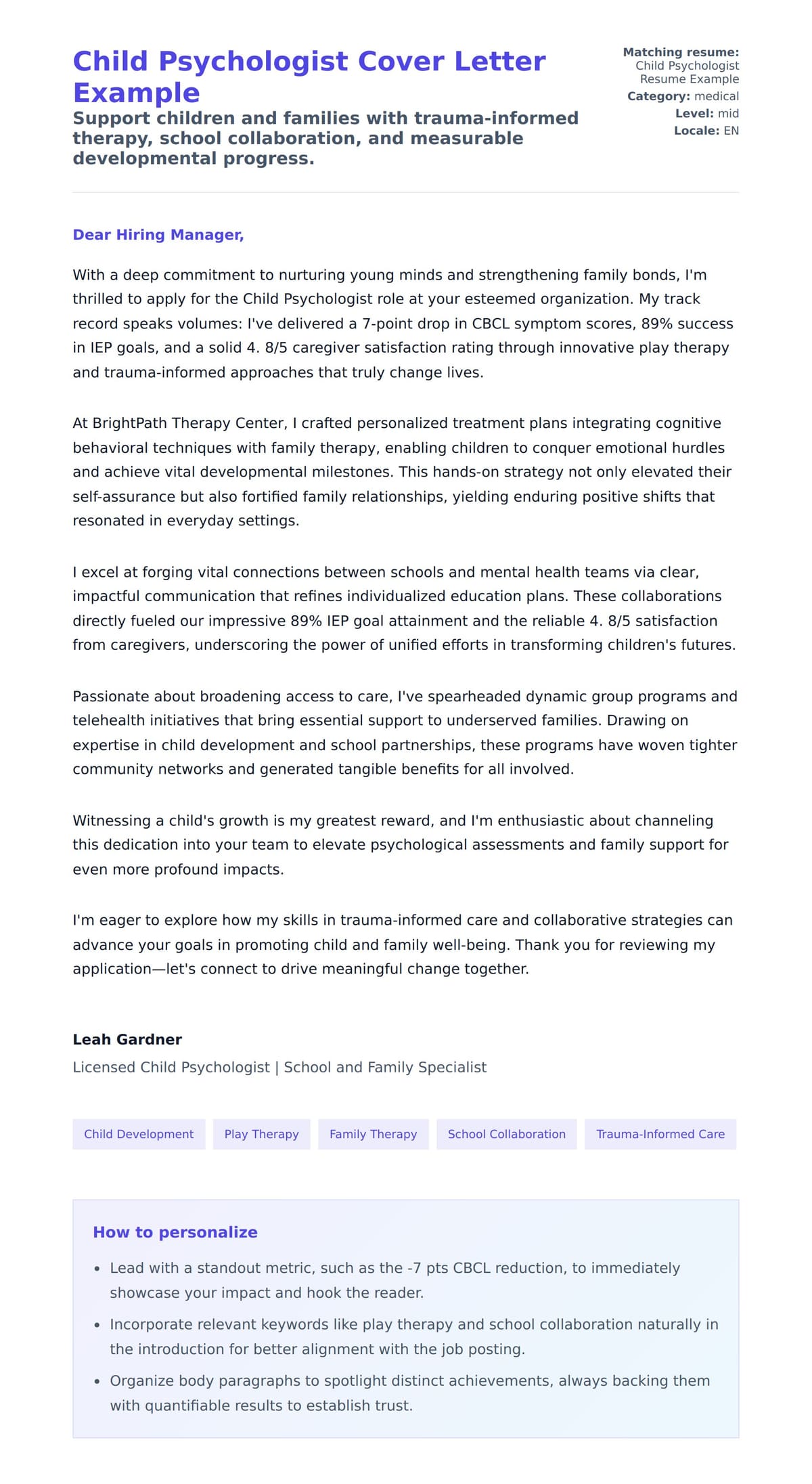 Cover Letter preview for Child Psychologist Cover Letter Example