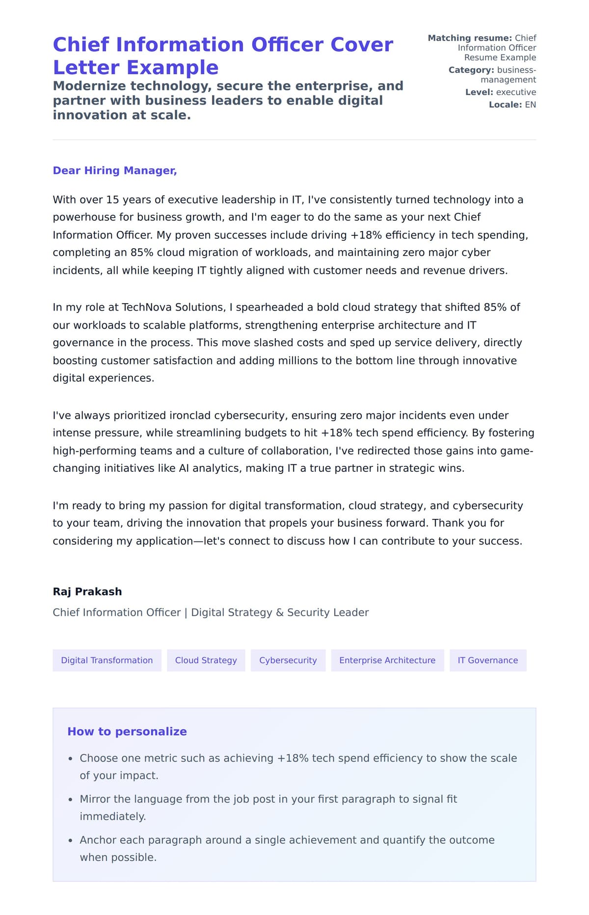 Cover Letter preview for Chief Information Officer Cover Letter Example