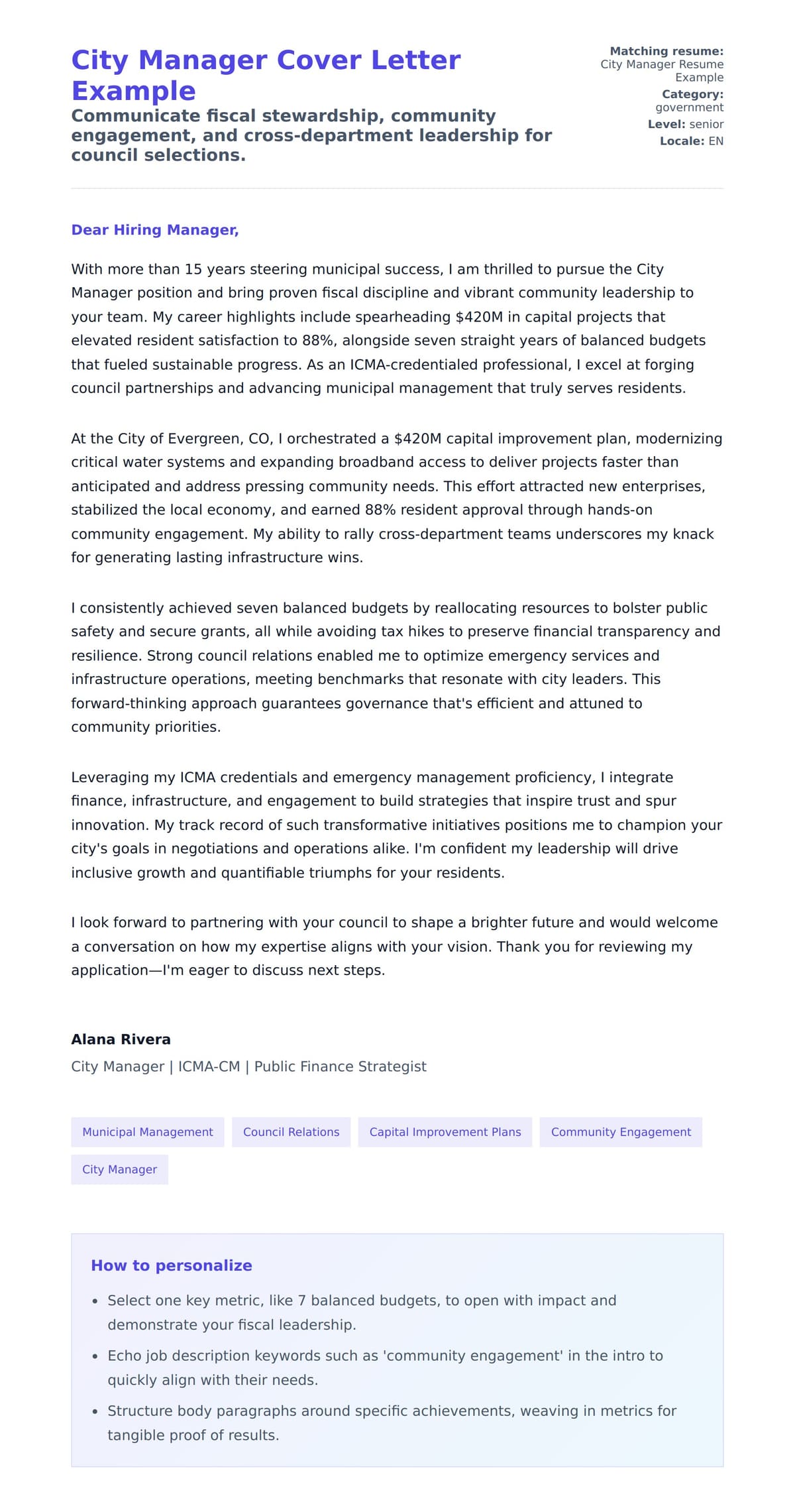 Cover Letter preview for City Manager Cover Letter Example