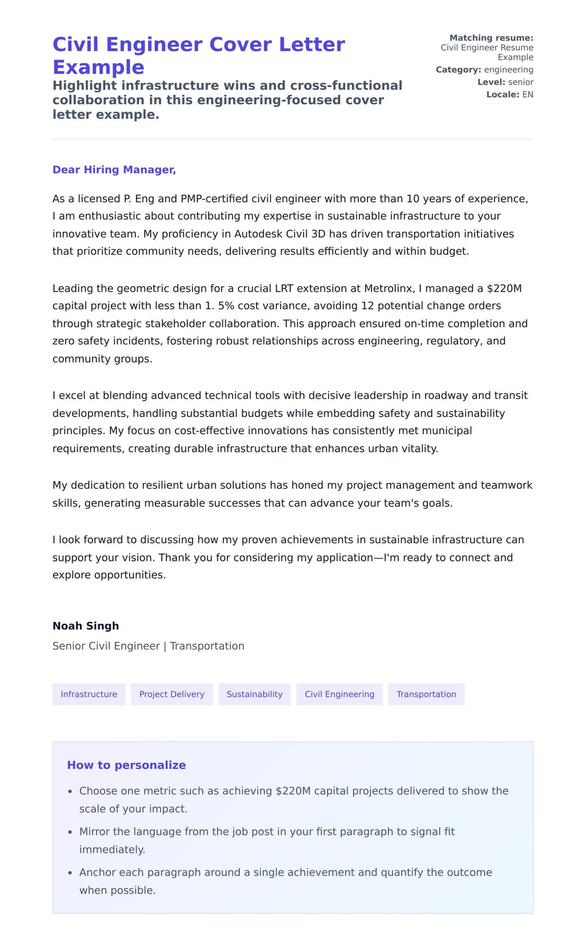 Cover Letter preview for Civil Engineer Cover Letter Example