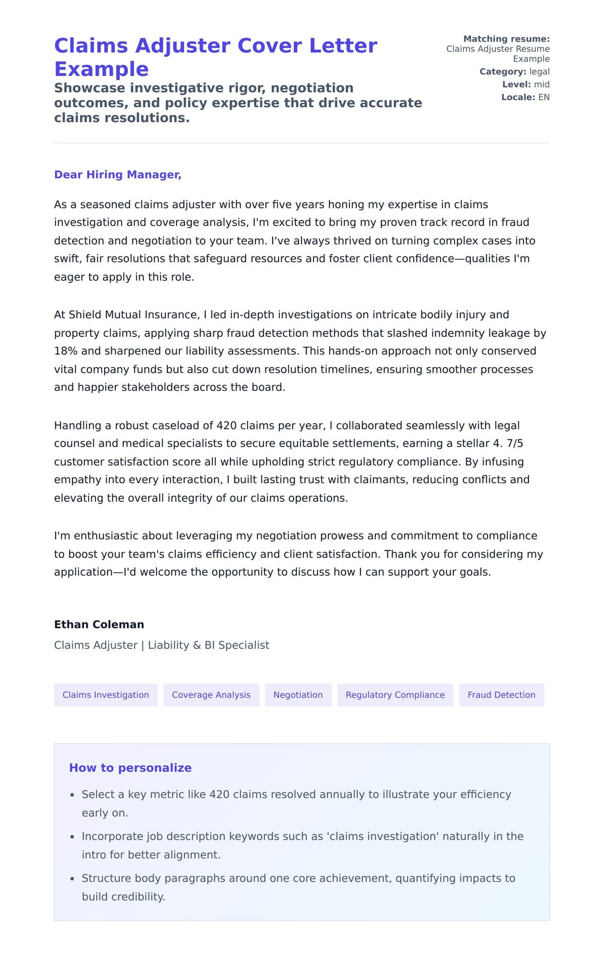 Cover Letter preview for Claims Adjuster Cover Letter Example