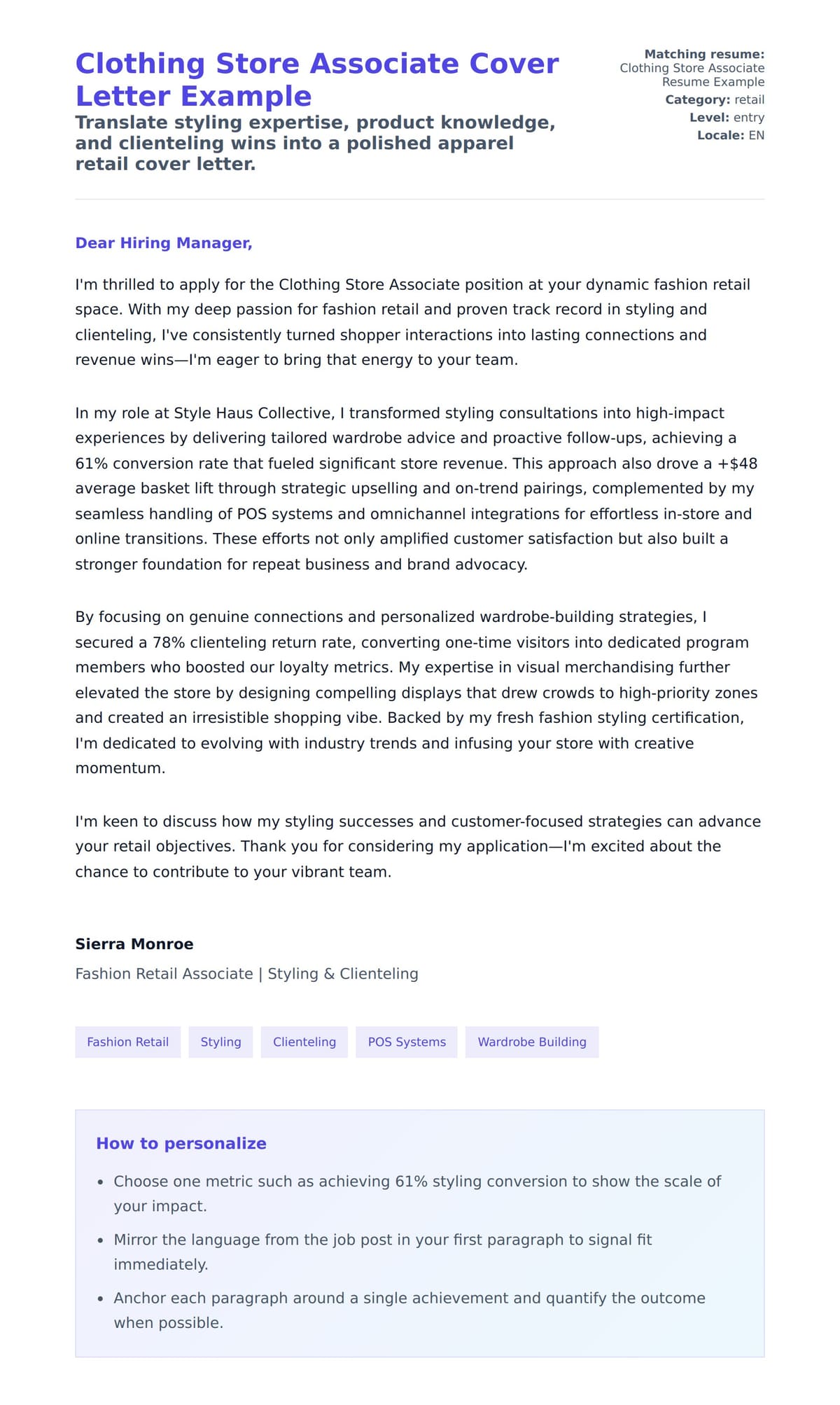 Cover Letter preview for Clothing Store Associate Cover Letter Example