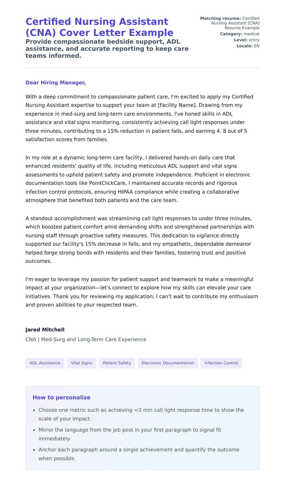 Cover Letter preview for Certified Nursing Assistant (CNA) Cover Letter Example