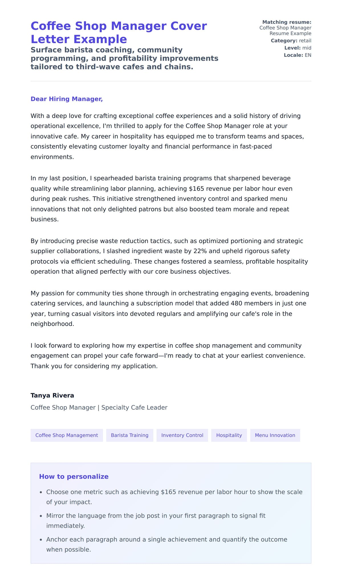 Cover Letter preview for Coffee Shop Manager Cover Letter Example