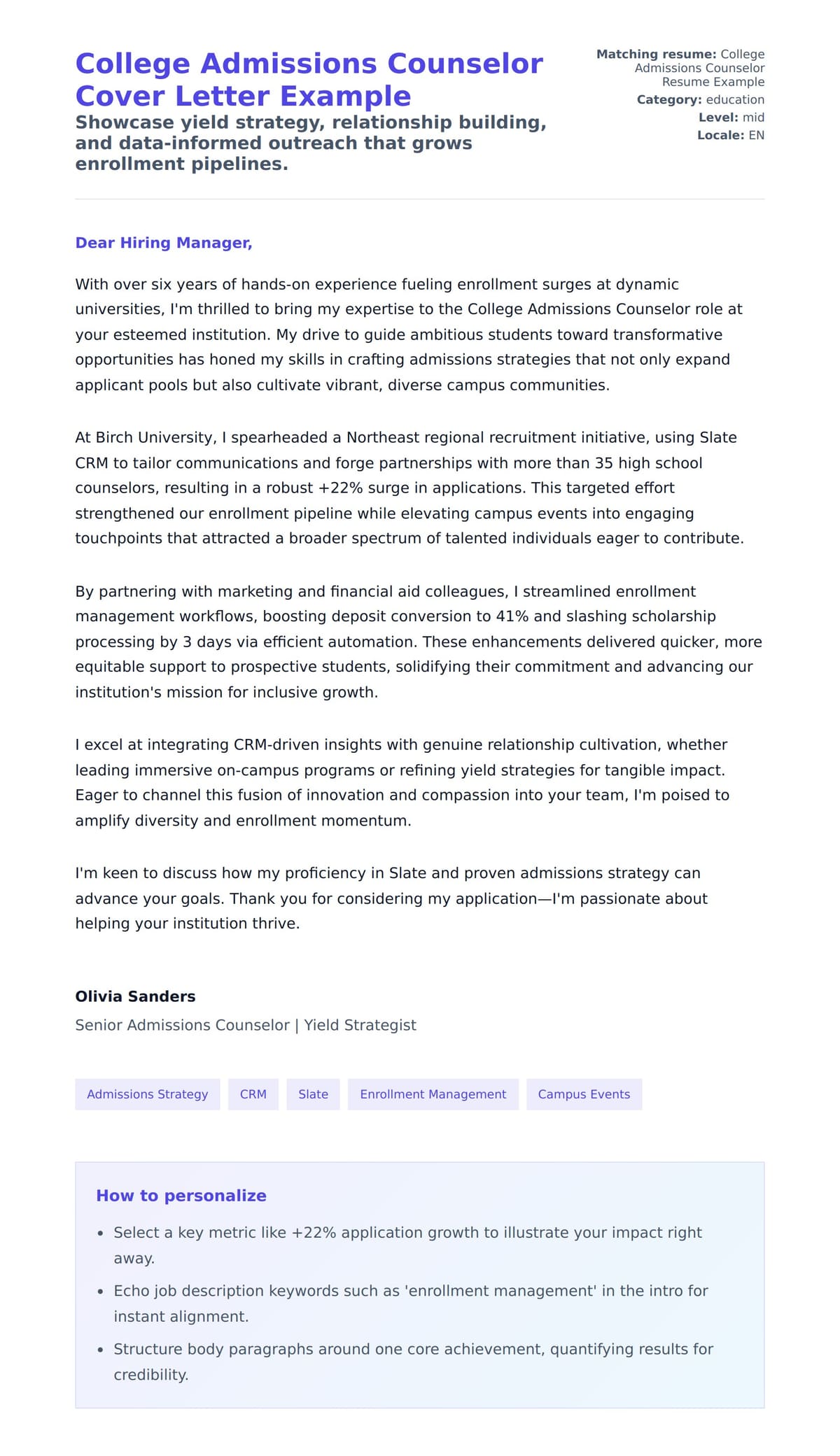 Cover Letter preview for College Admissions Counselor Cover Letter Example
