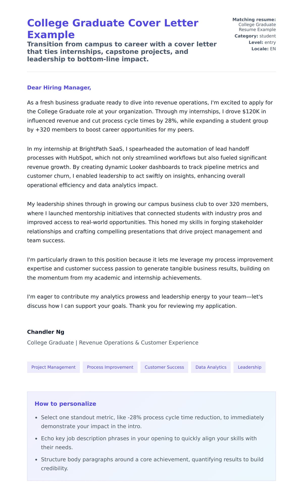 Cover Letter preview for College Graduate Cover Letter Example