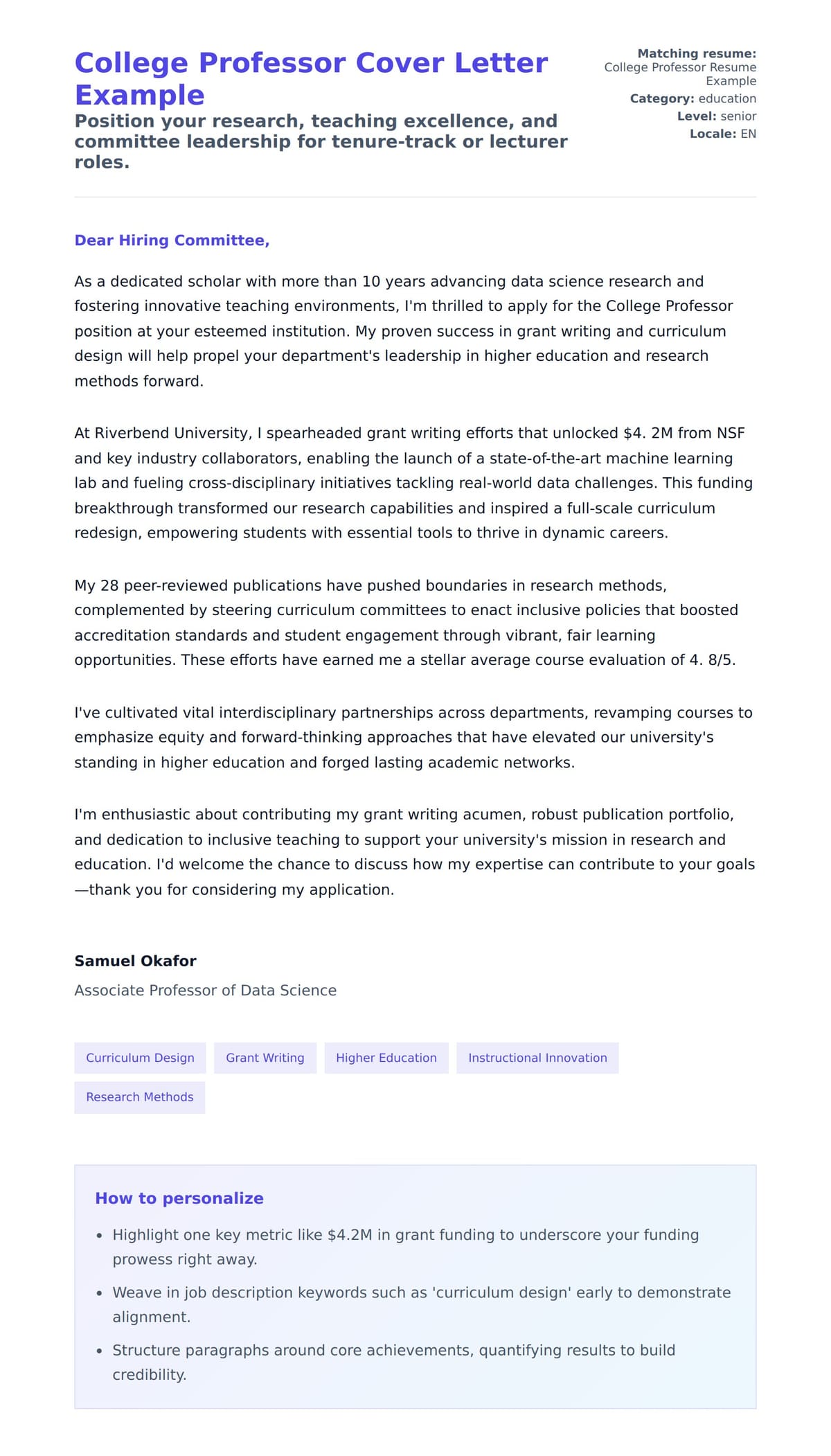 Cover Letter preview for College Professor Cover Letter Example