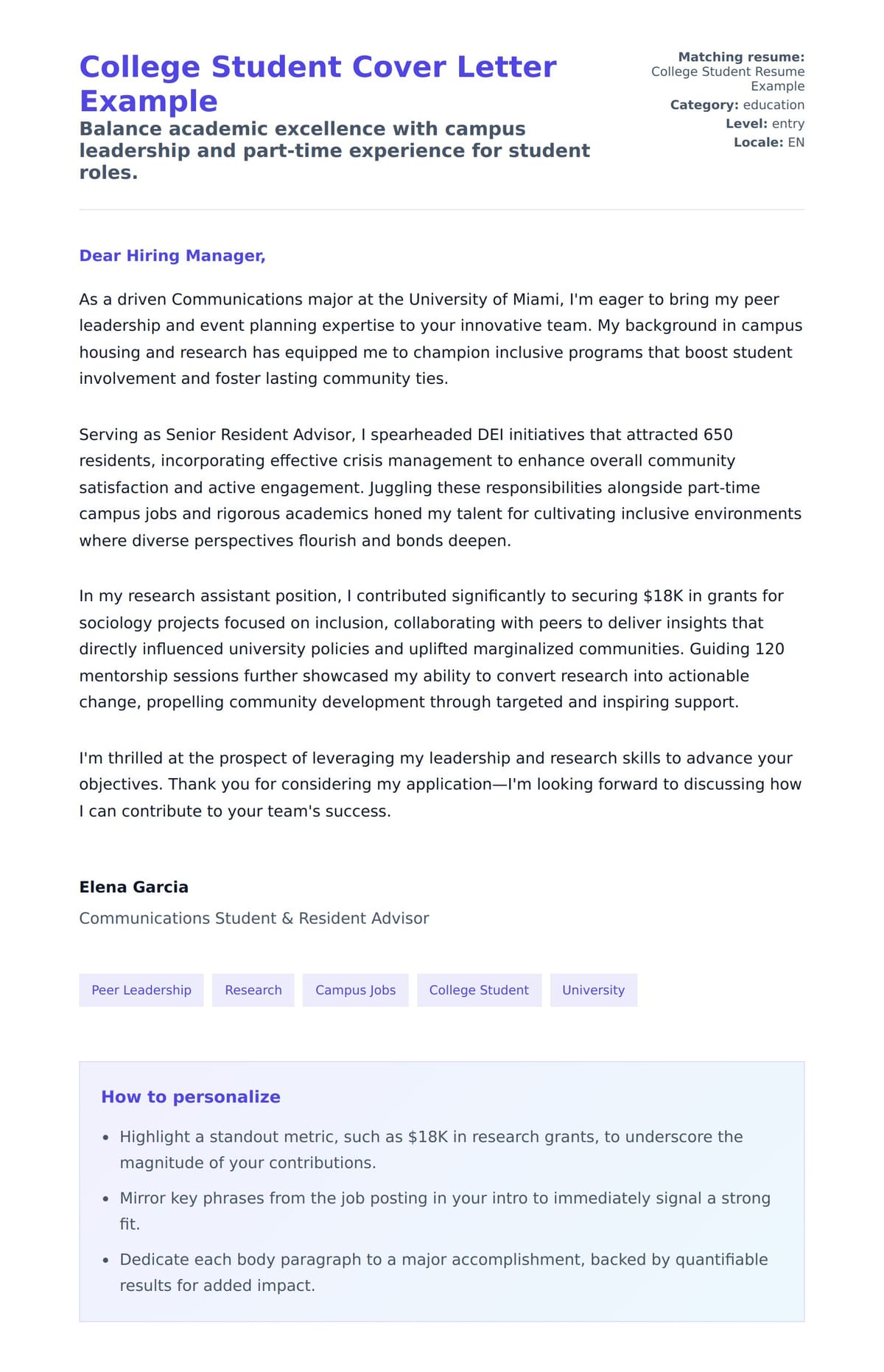 Cover Letter preview for College Student Cover Letter Example