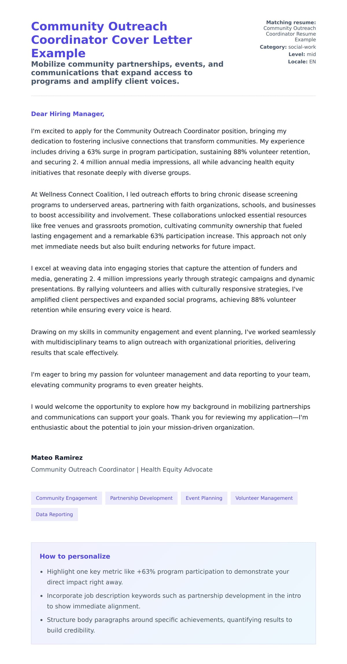 Cover Letter preview for Community Outreach Coordinator Cover Letter Example