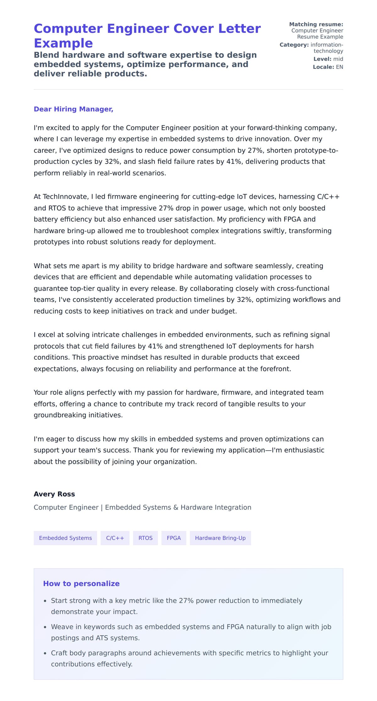 Cover Letter preview for Computer Engineer Cover Letter Example