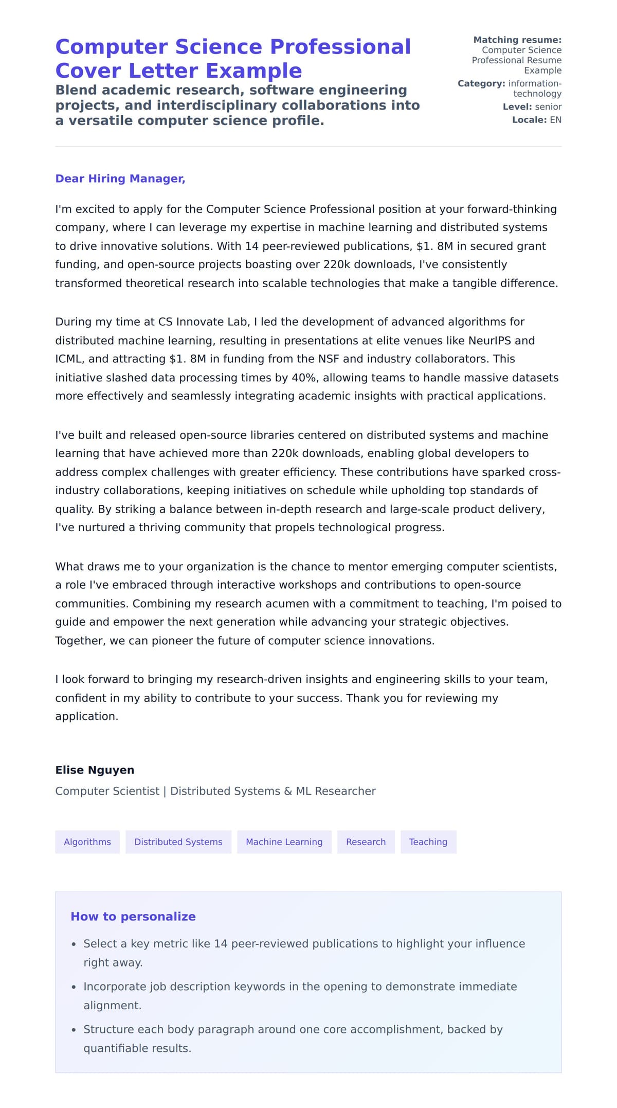 Cover Letter preview for Computer Science Professional Cover Letter Example