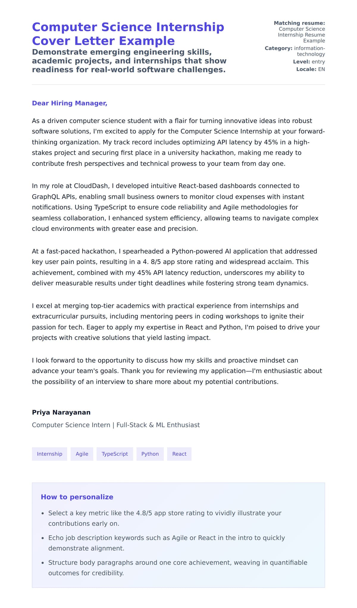 Cover Letter preview for Computer Science Internship Cover Letter Example