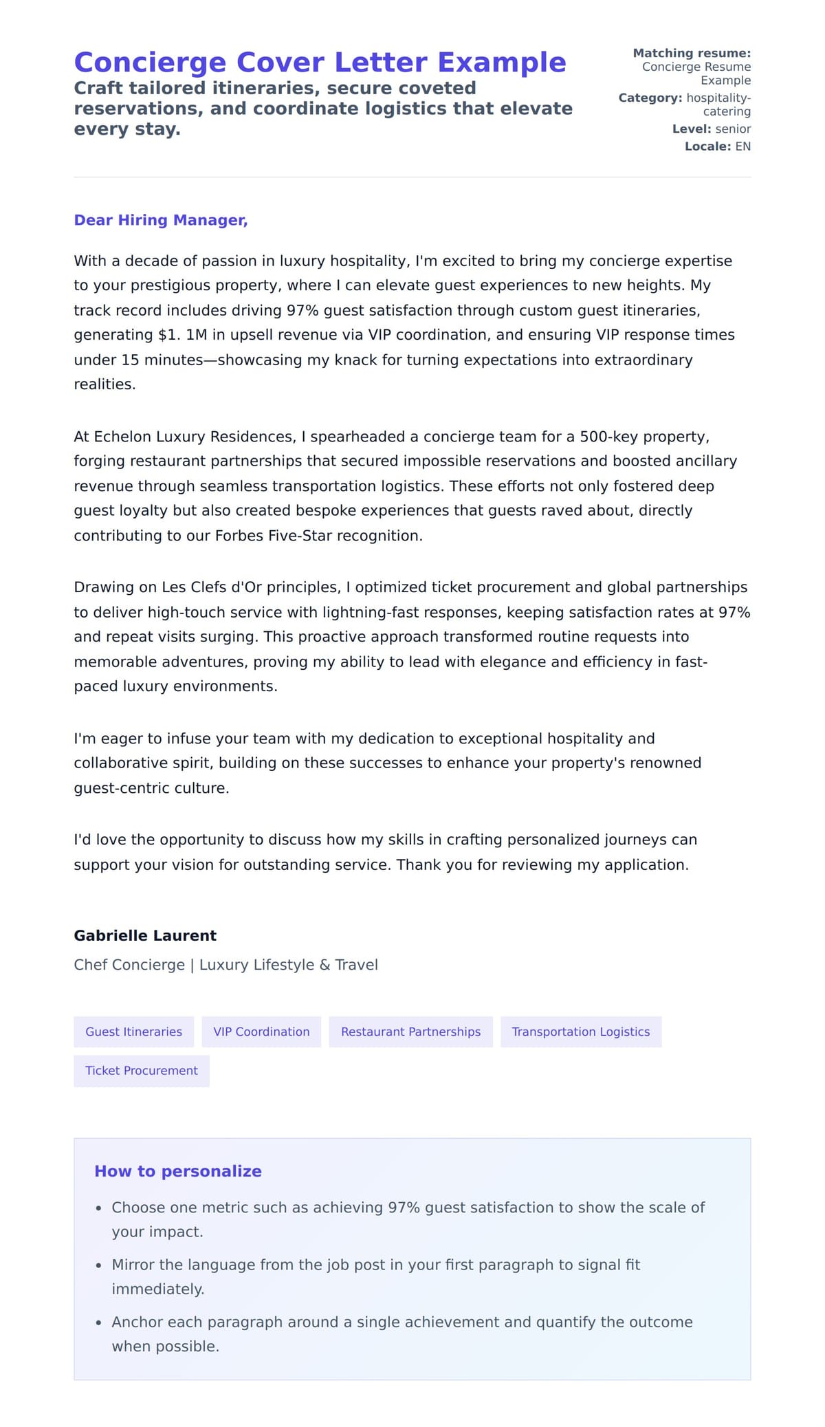 Cover Letter preview for Concierge Cover Letter Example