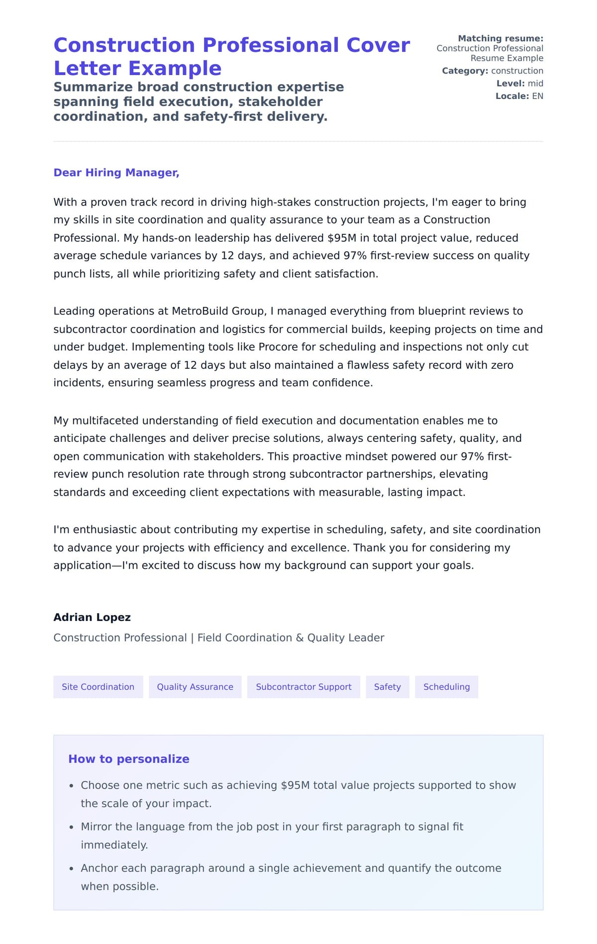 Cover Letter preview for Construction Professional Cover Letter Example