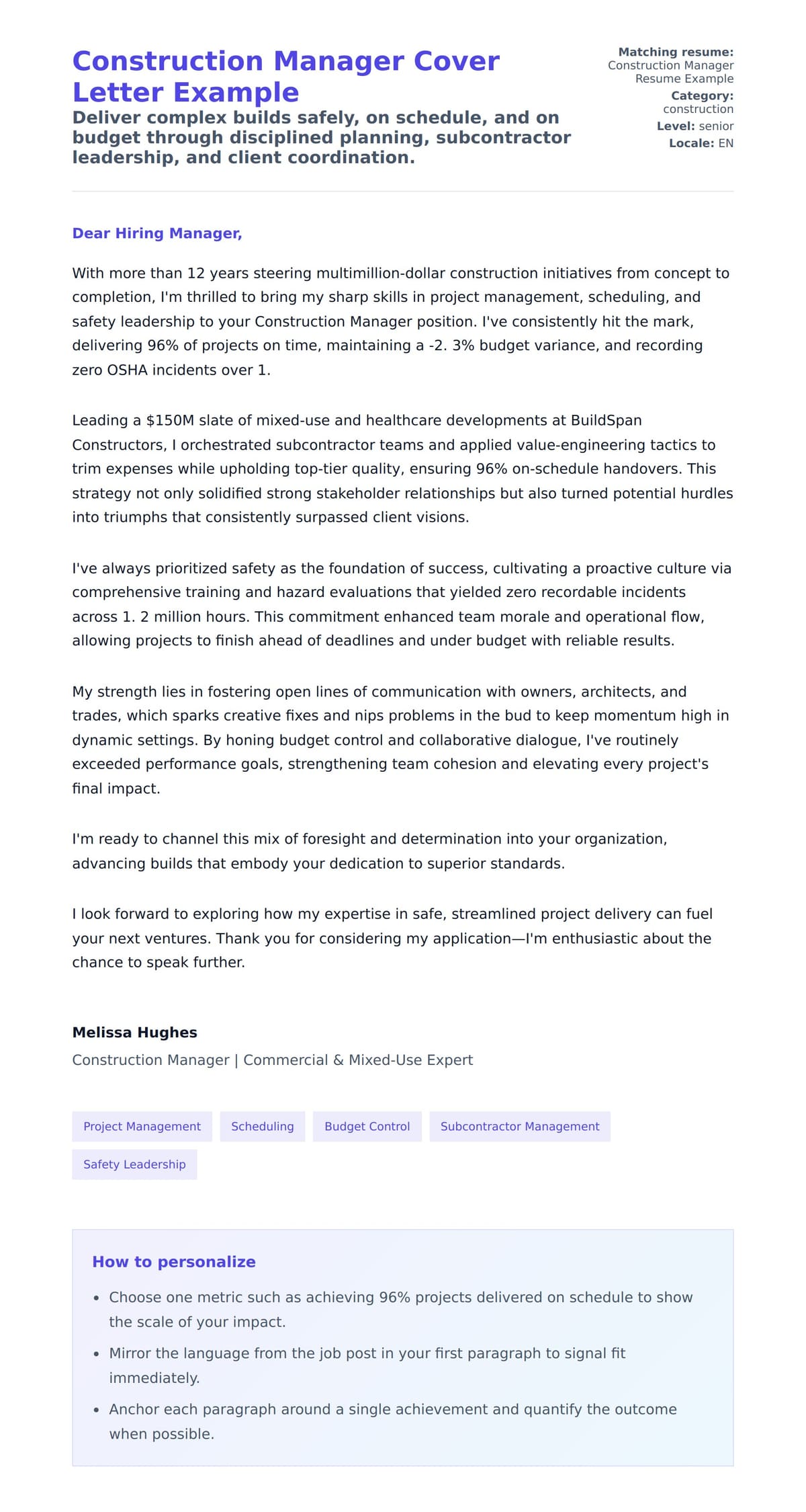 Cover Letter preview for Construction Manager Cover Letter Example