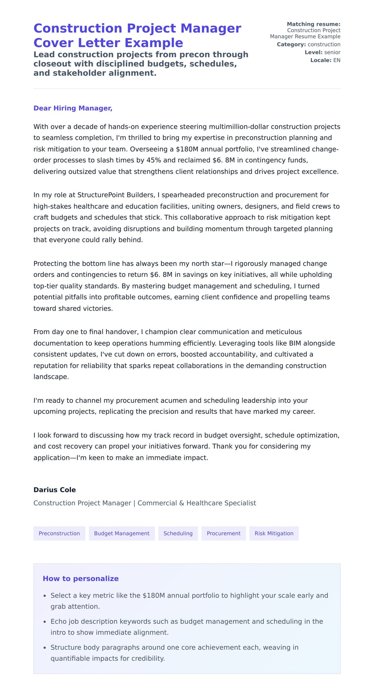 Cover Letter preview for Construction Project Manager Cover Letter Example