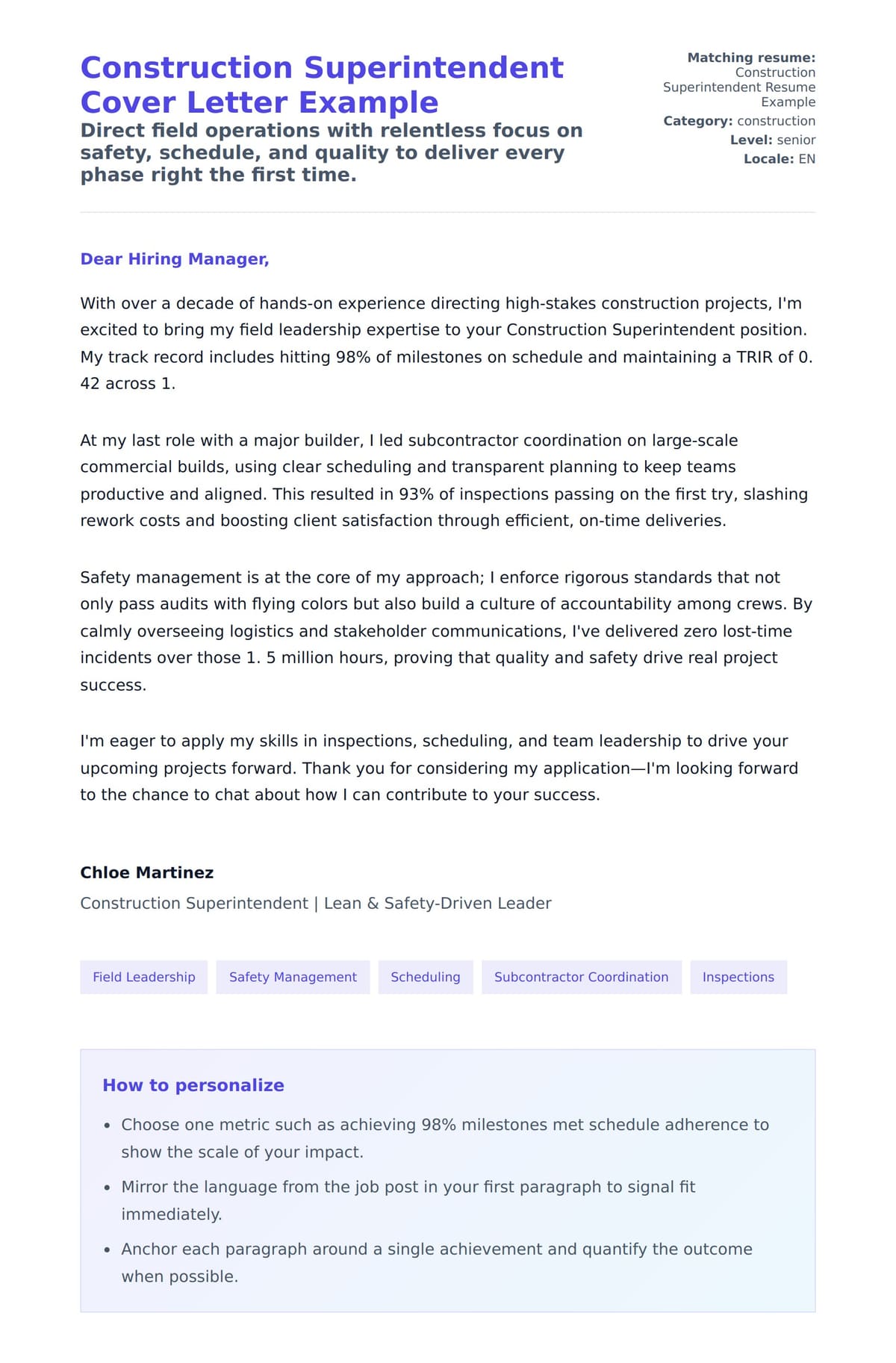 Cover Letter preview for Construction Superintendent Cover Letter Example