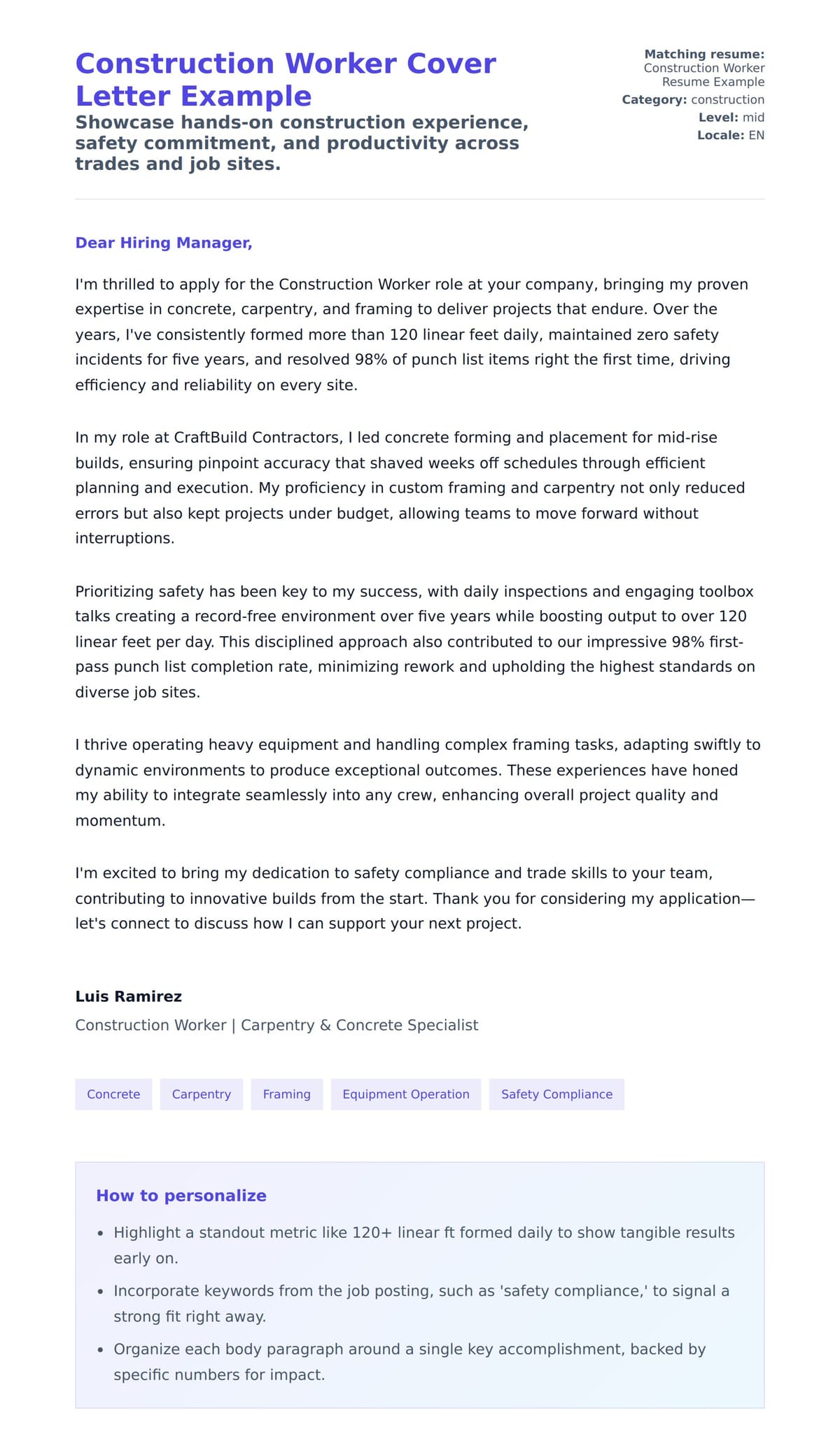 Cover Letter preview for Construction Worker Cover Letter Example