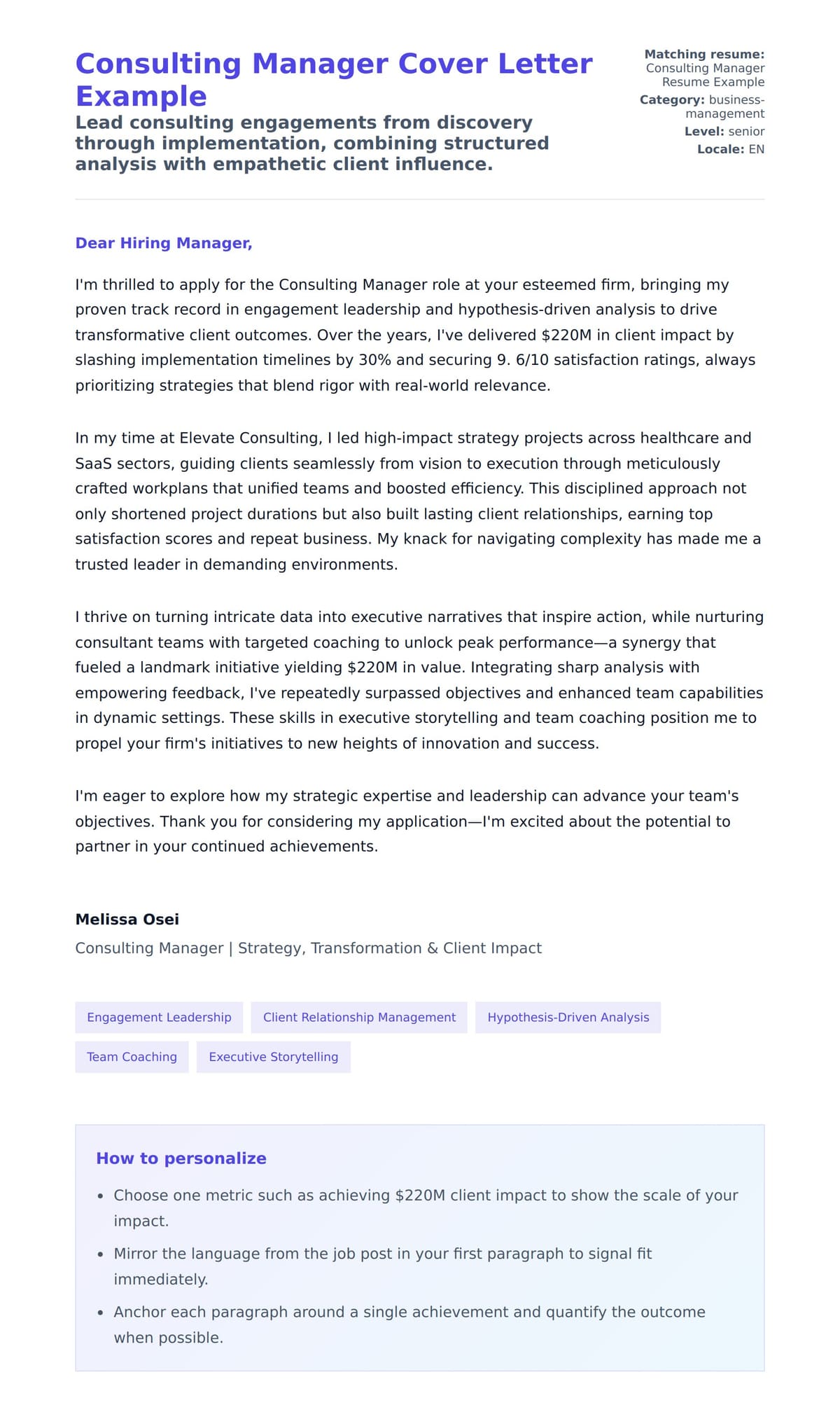 Cover Letter preview for Consulting Manager Cover Letter Example