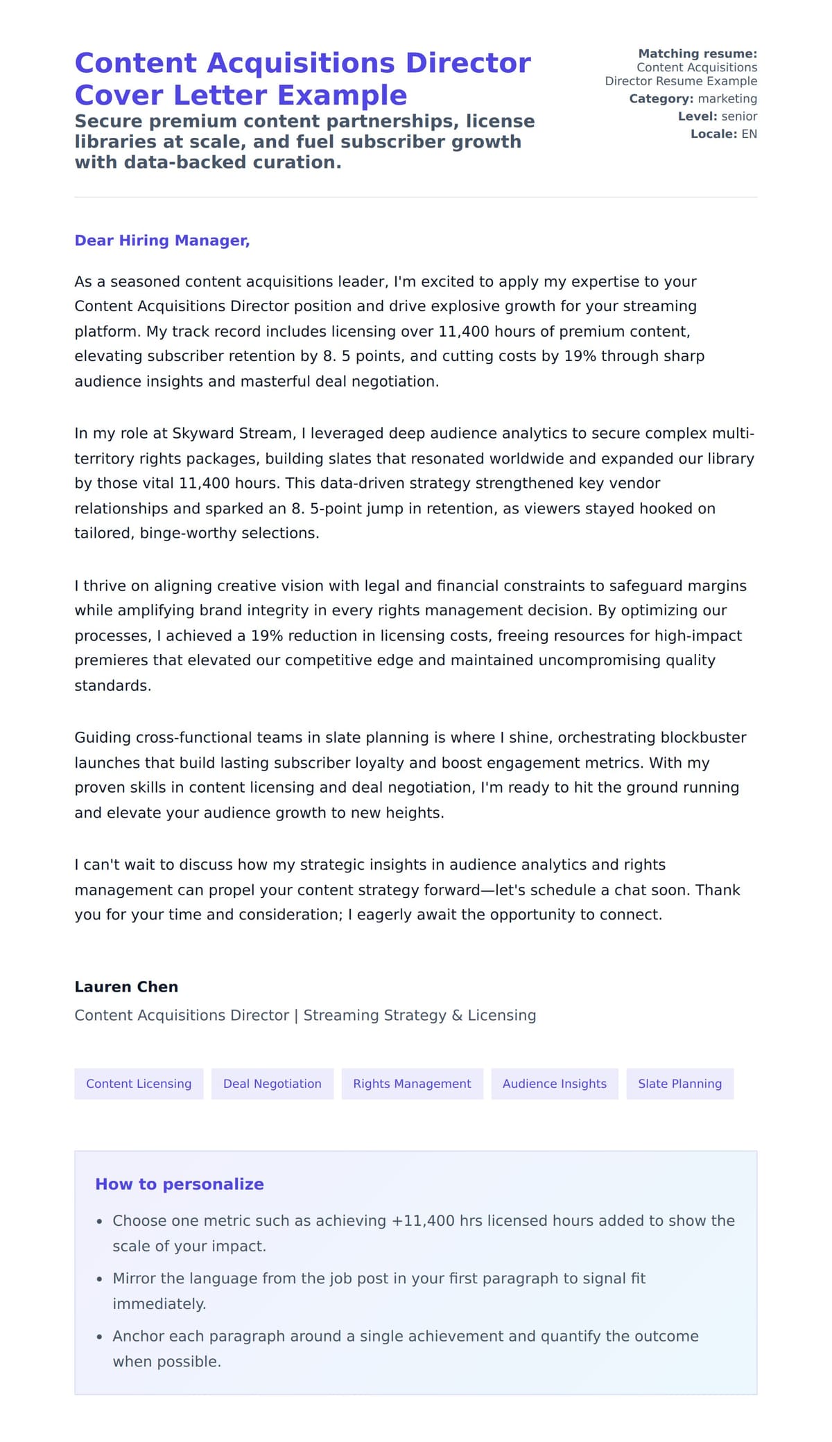 Cover Letter preview for Content Acquisitions Director Cover Letter Example