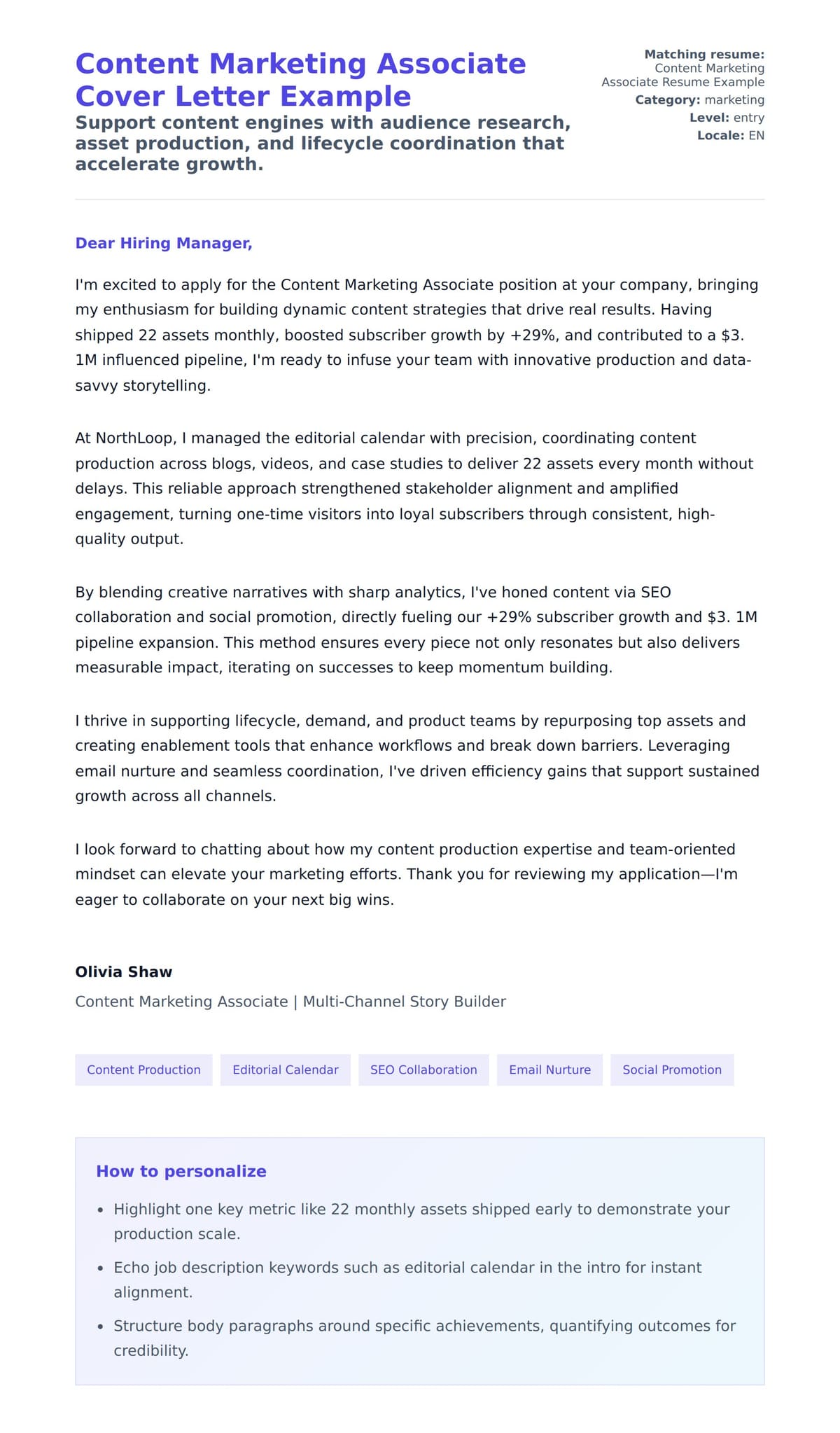 Cover Letter preview for Content Marketing Associate Cover Letter Example