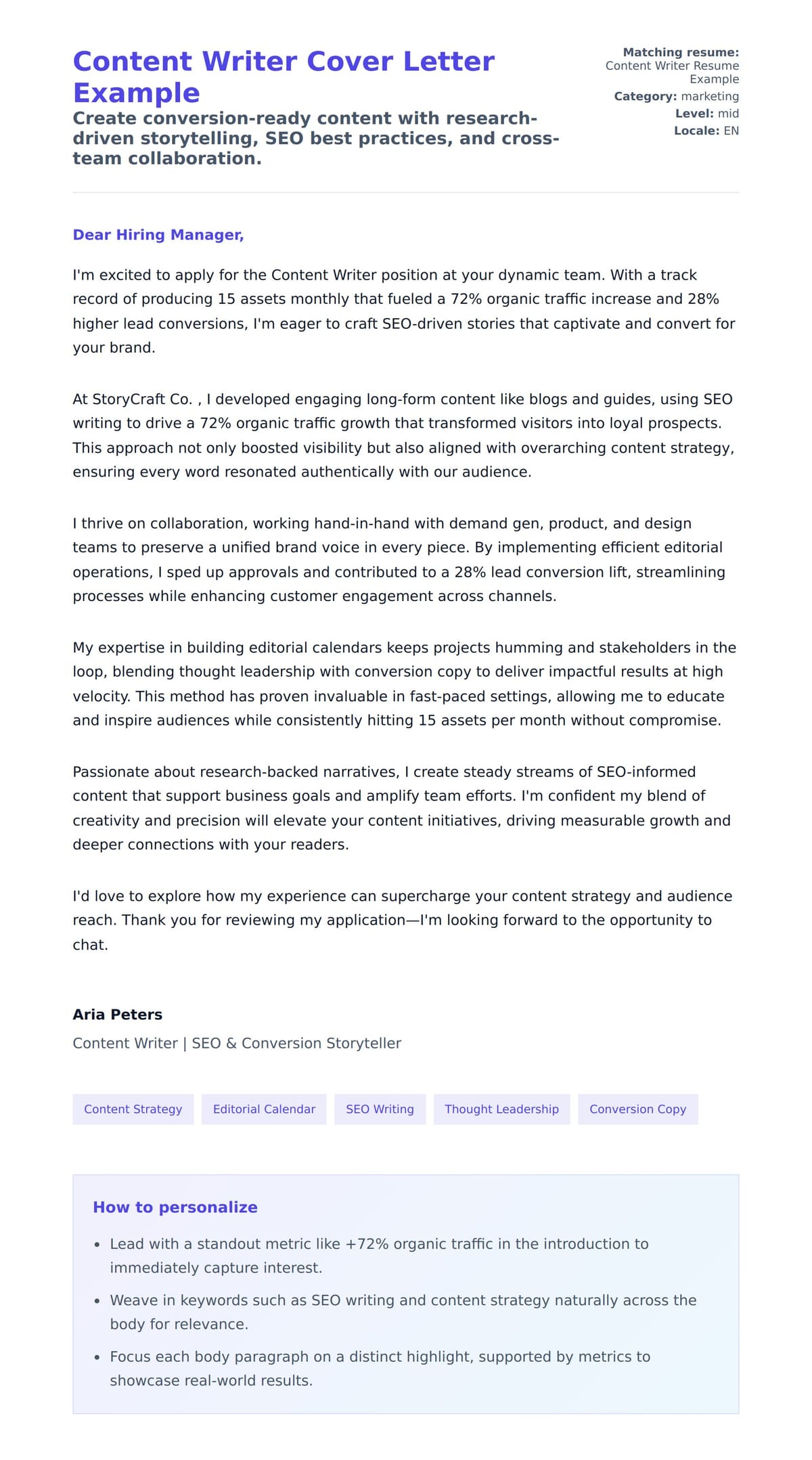 Cover Letter preview for Content Writer Cover Letter Example