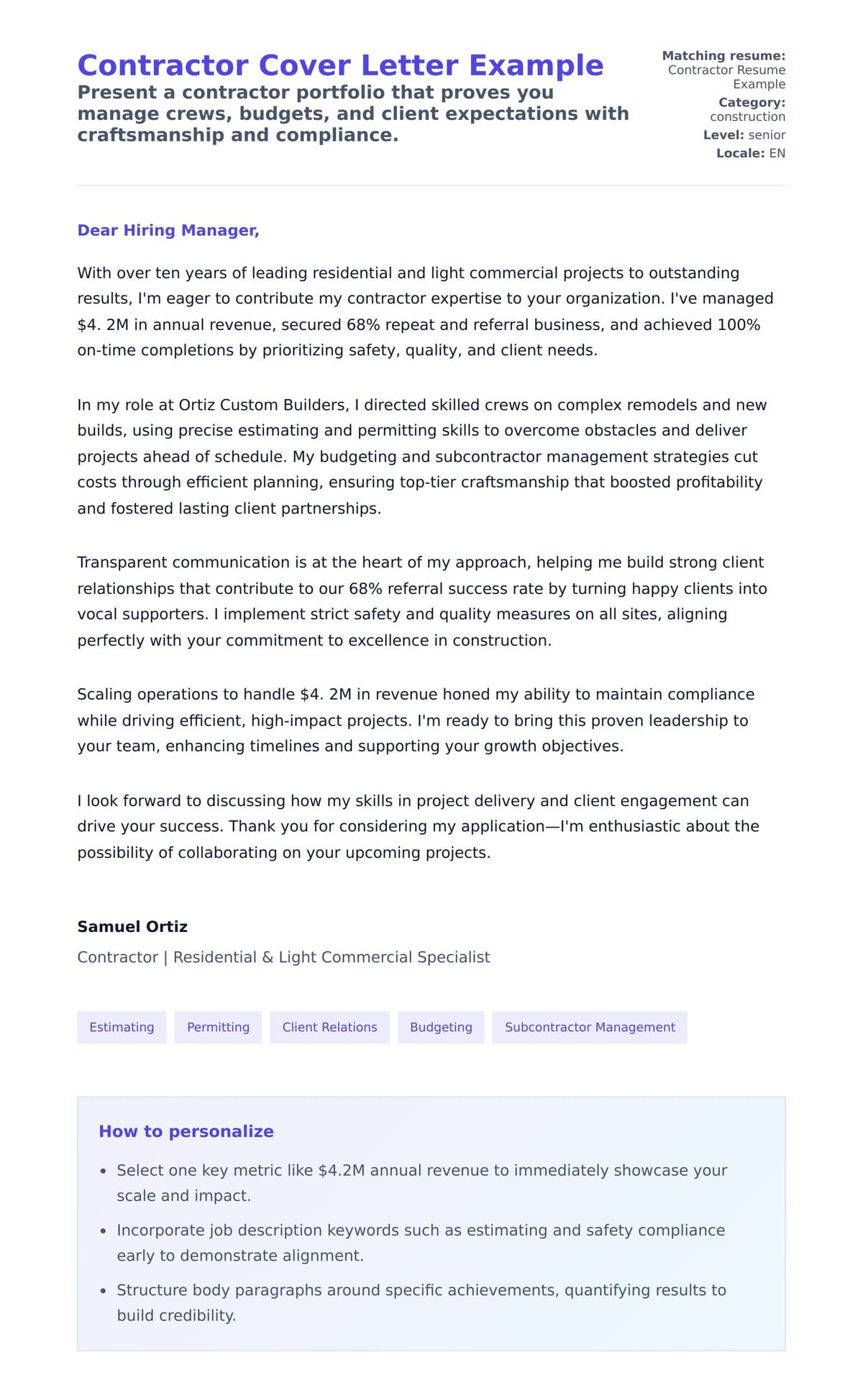 Cover Letter preview for Contractor Cover Letter Example
