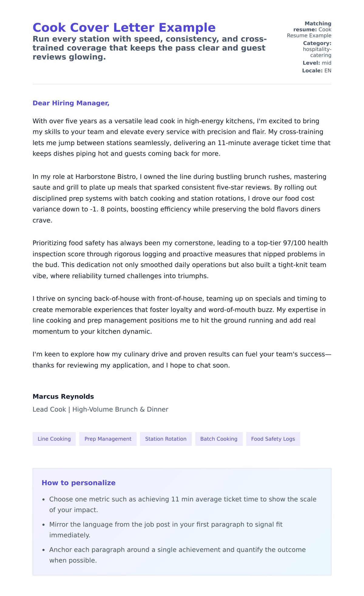 Cover Letter preview for Cook Cover Letter Example