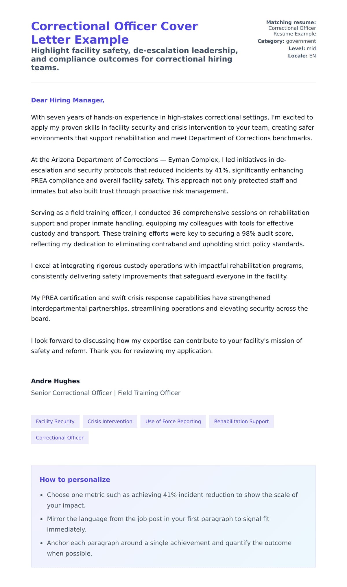 Cover Letter preview for Correctional Officer Cover Letter Example